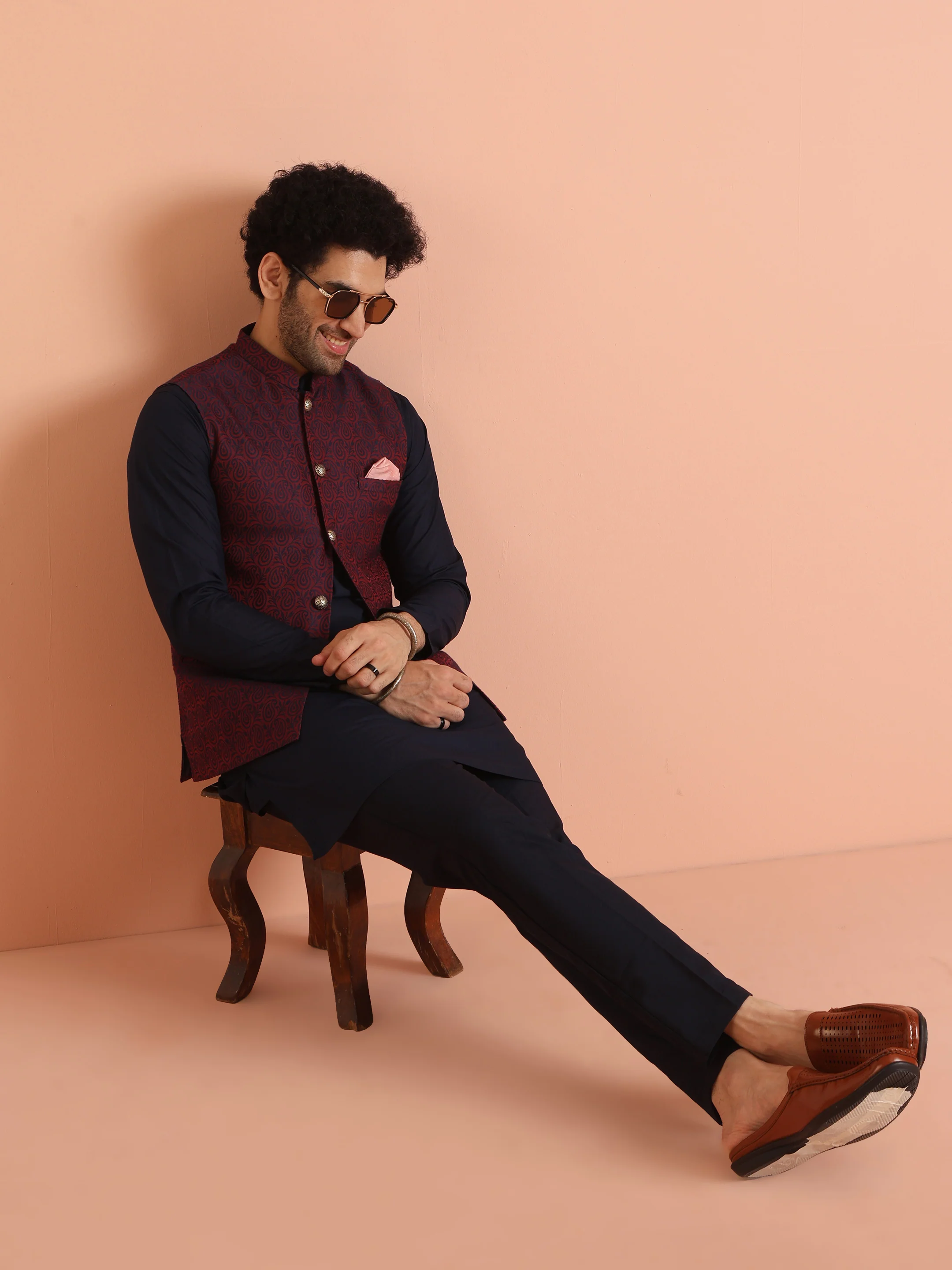 Navy Blue Cotton Silk Magenta Paisley Nehru Jacket Kurta Trouser