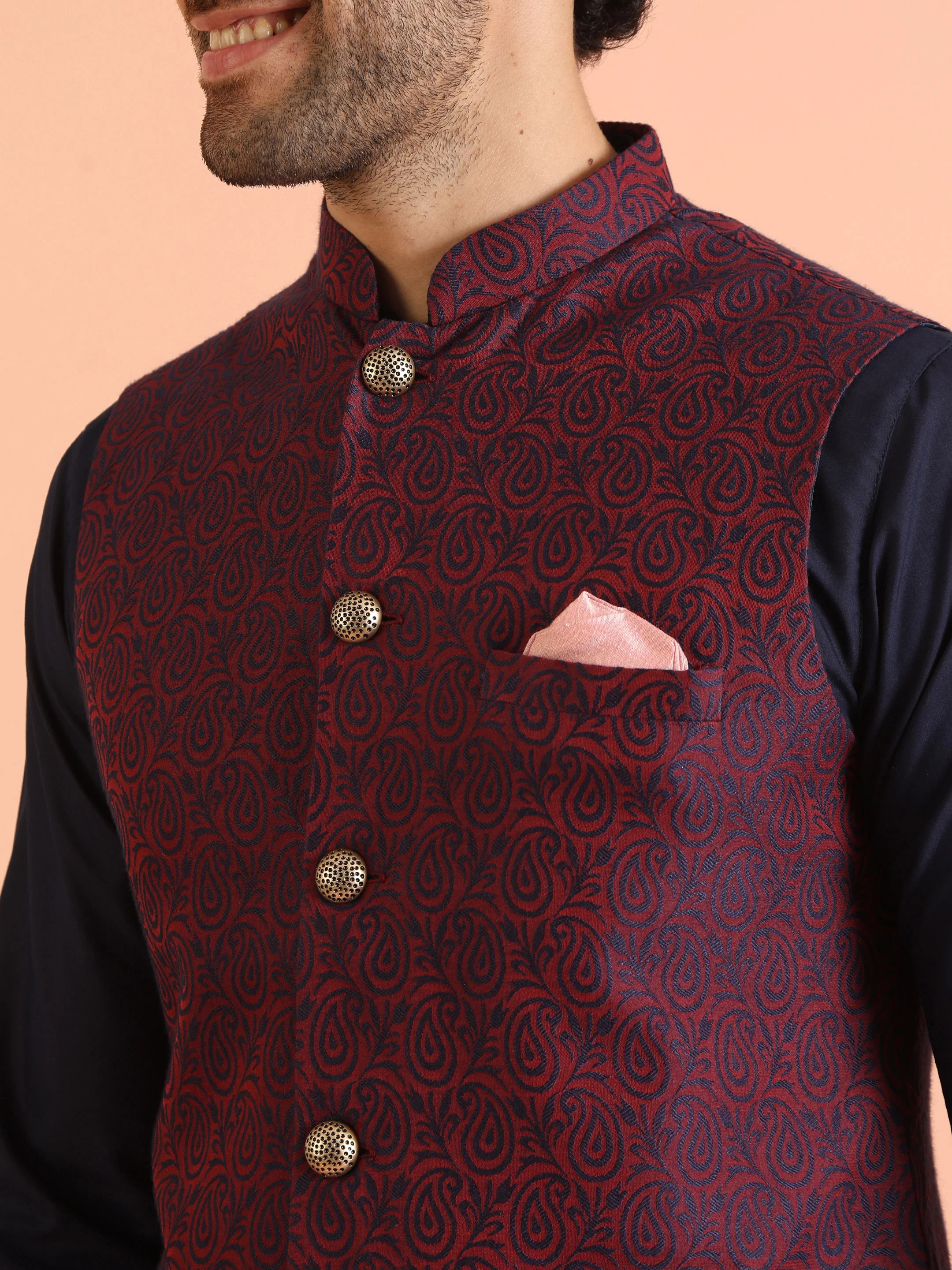 Navy Blue Cotton Silk Magenta Paisley Nehru Jacket Kurta Trouser - Image 6