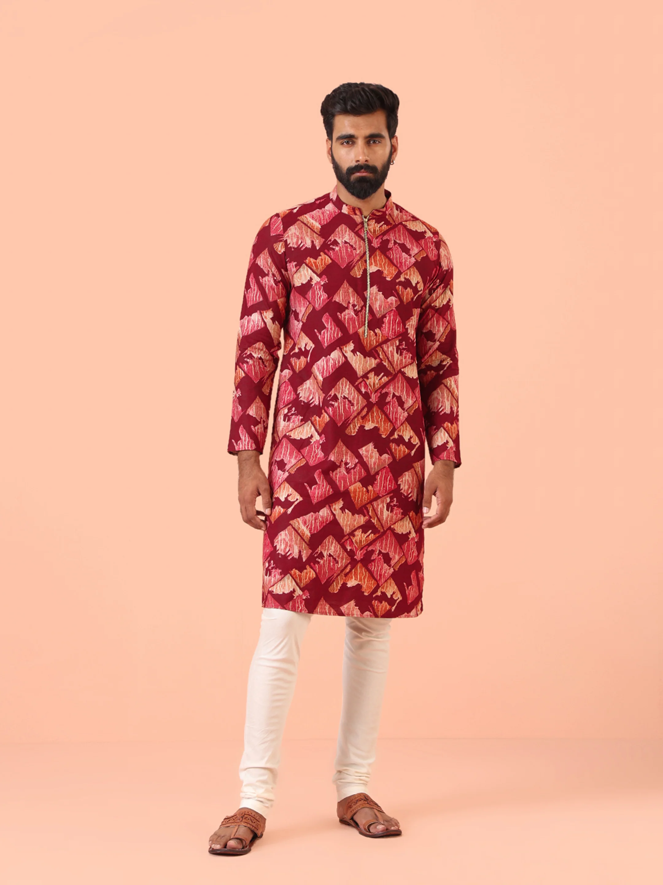 Maroon Cotton Silk Printed Kurta Cream Churidar Set