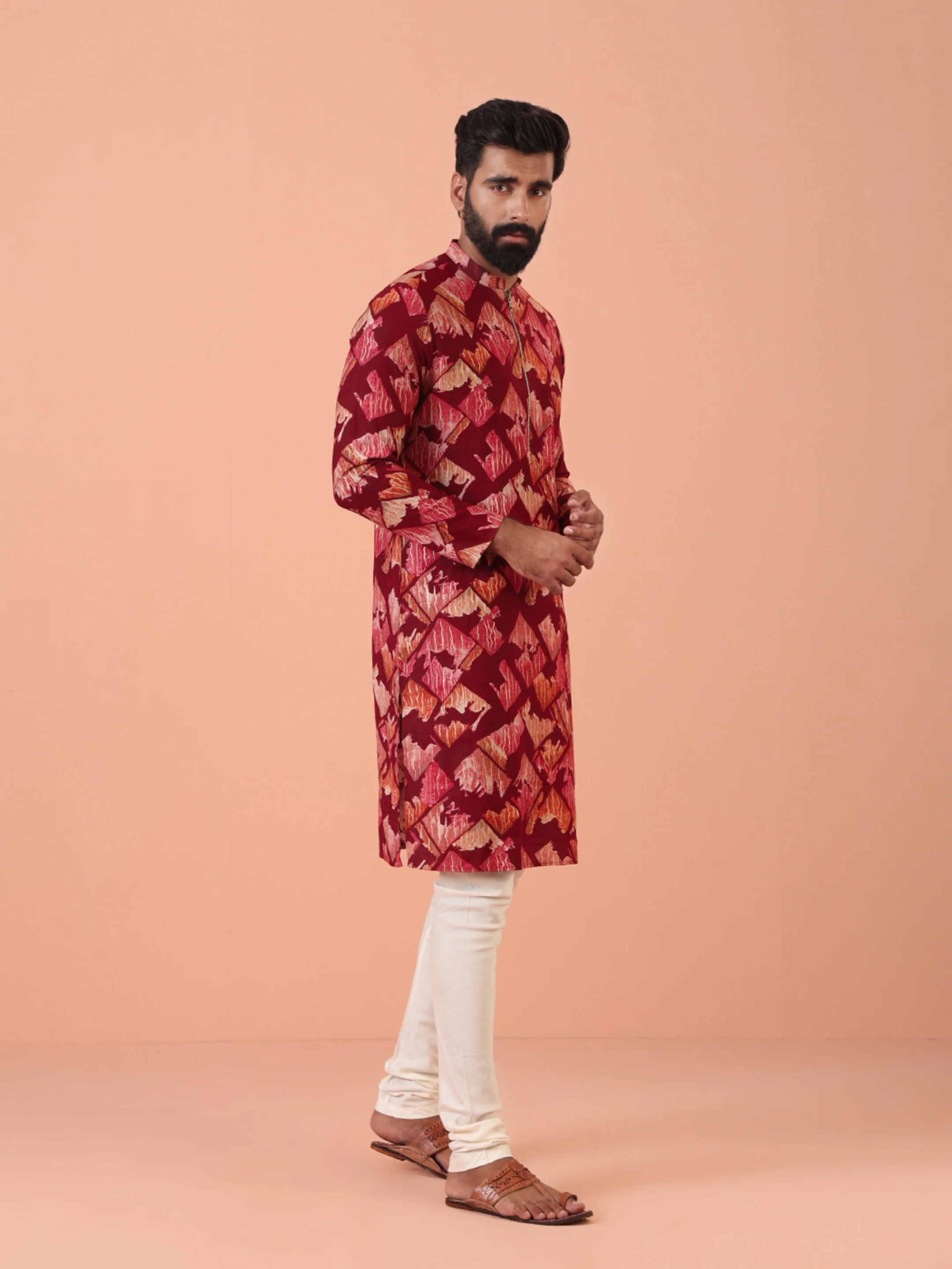 Maroon Cotton Silk Printed Kurta Cream Churidar Set - Image 2