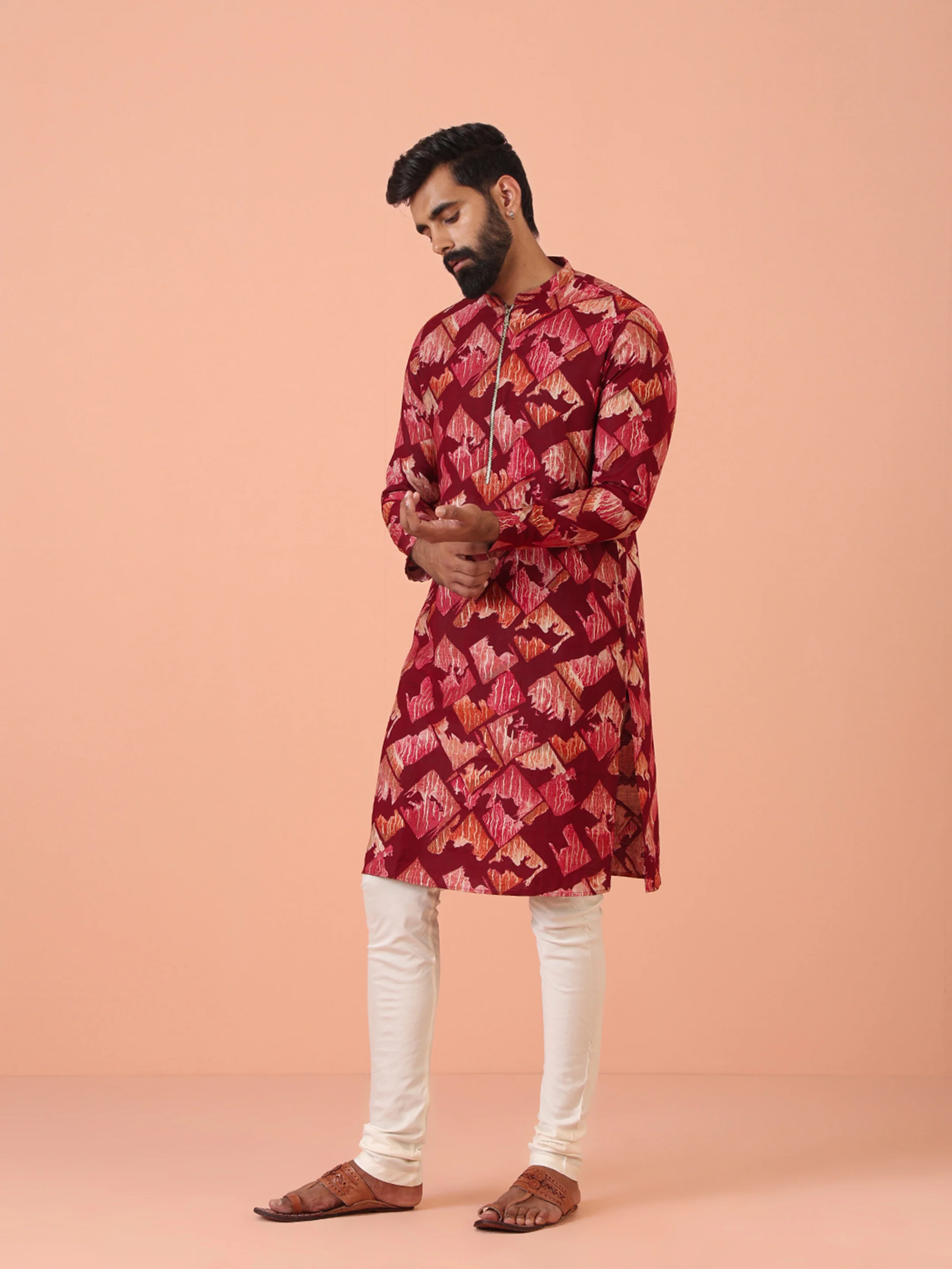 Maroon Cotton Silk Printed Cream Kurta - Image 4