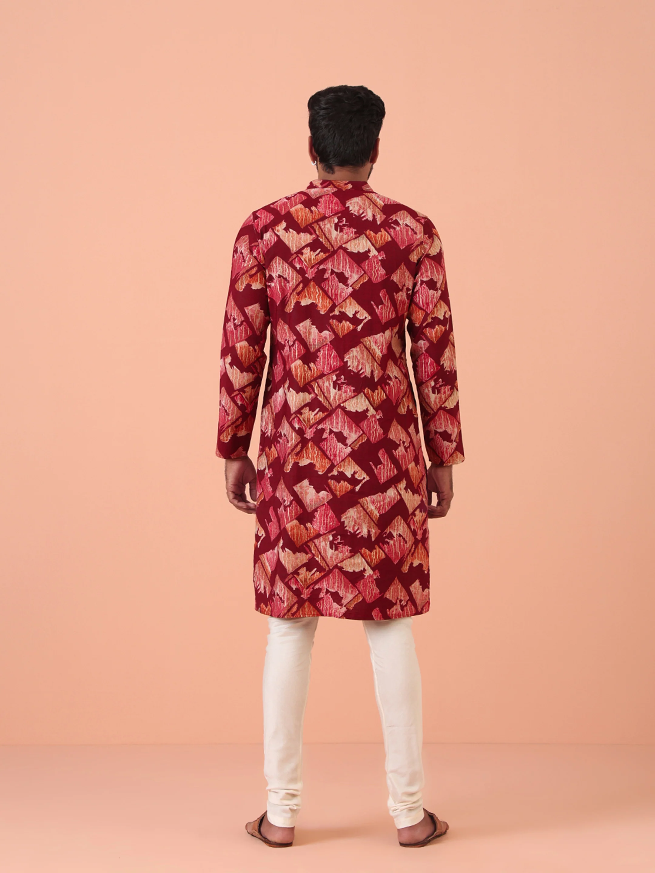 Maroon Cotton Silk Printed Cream Kurta - Image 5