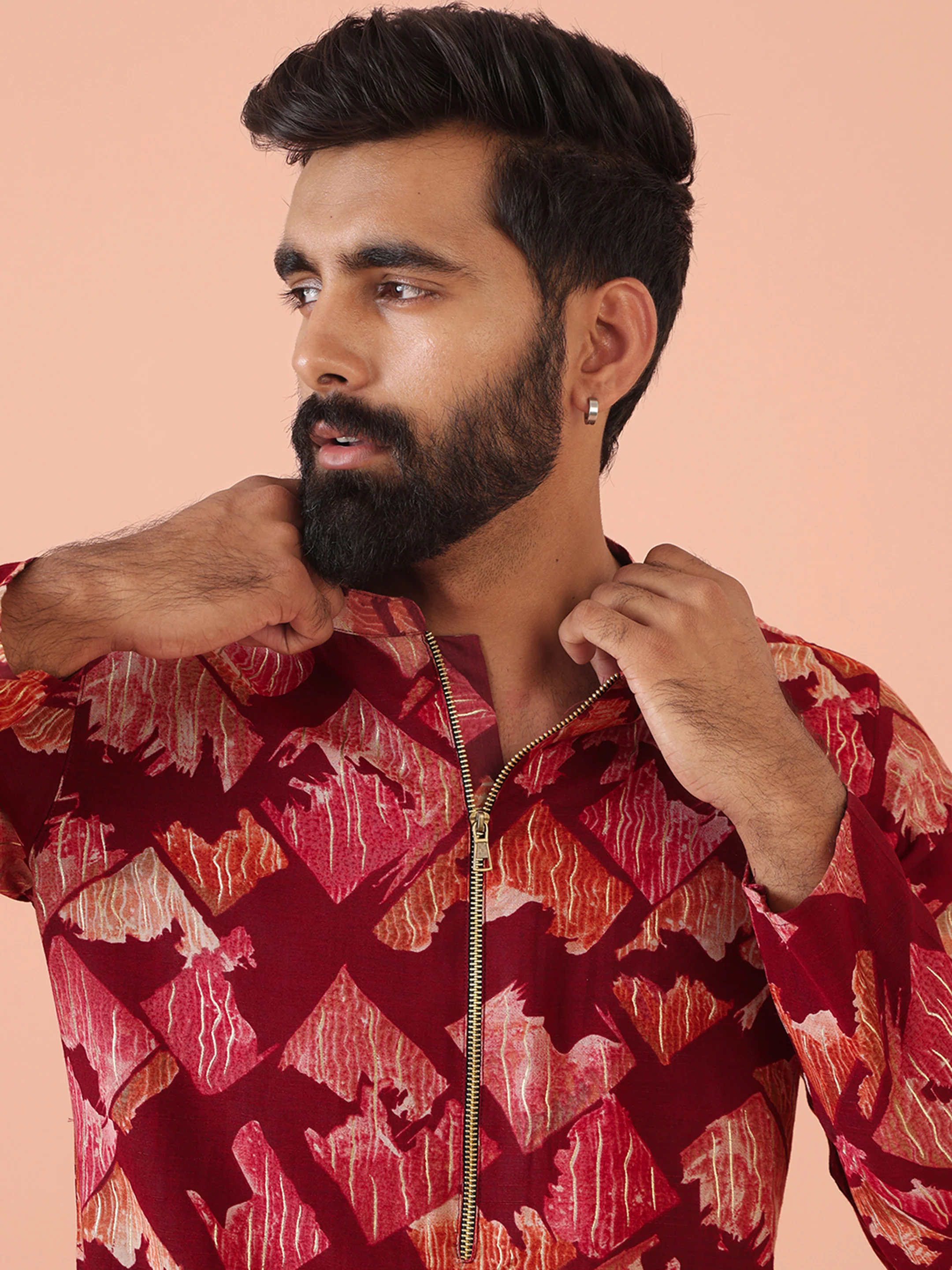 Maroon Cotton Silk Printed Cream Kurta - Image 6
