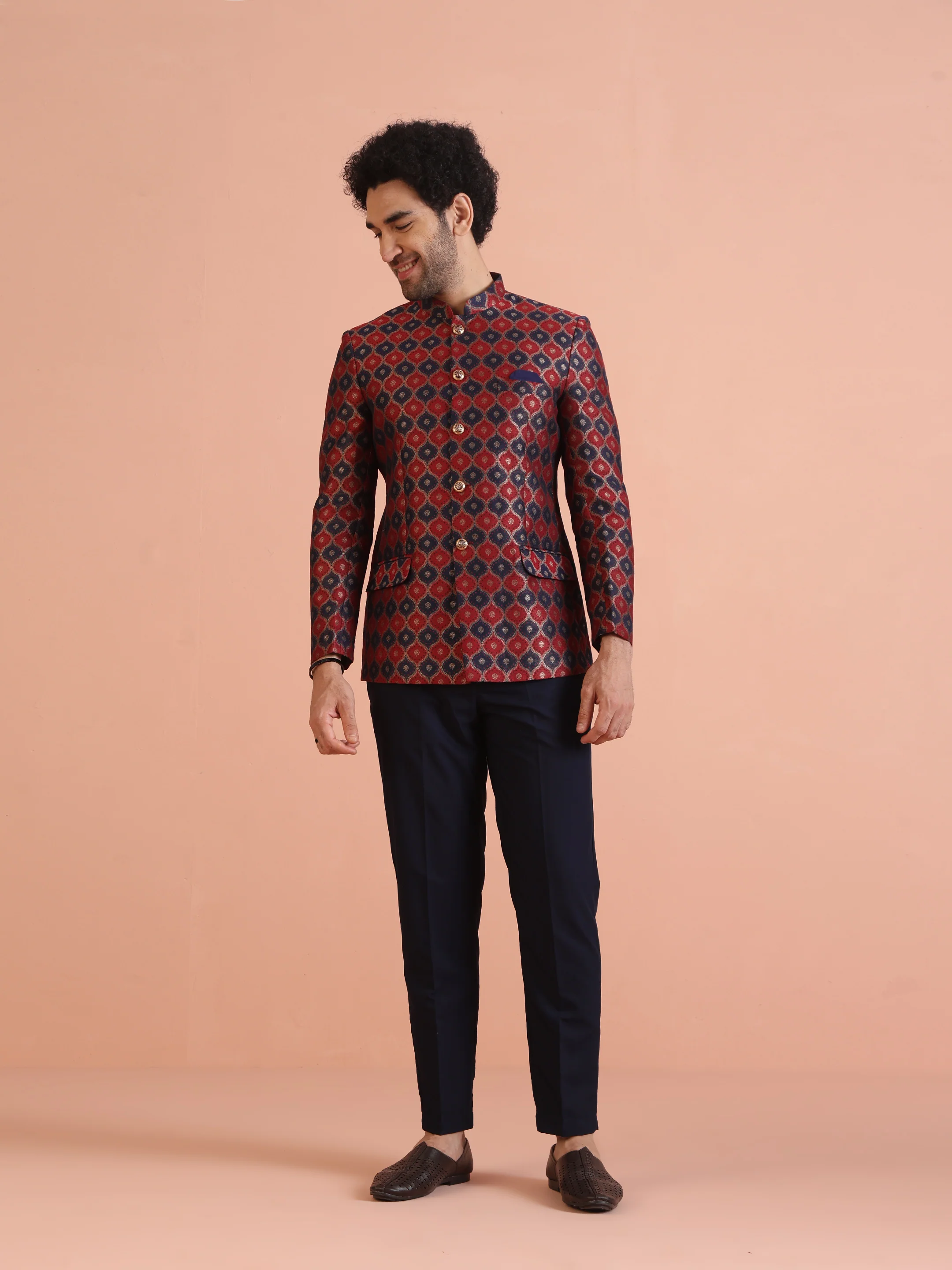 Red & Navy Silk Blend Jodhpuri Bandhgala - Image 8