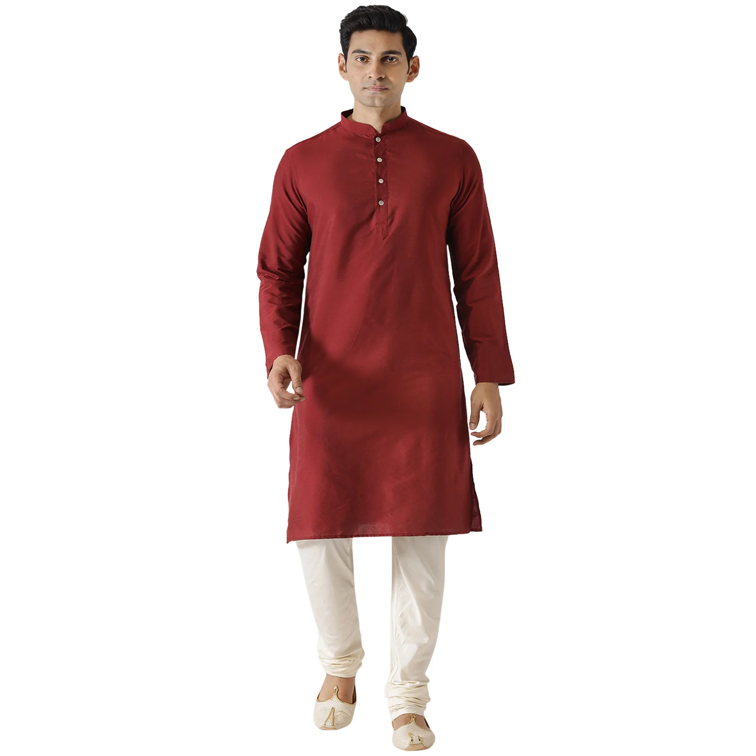 Men Maroon Silk Blend Solid Kurta Churidar Set – Elegant Festive Wear