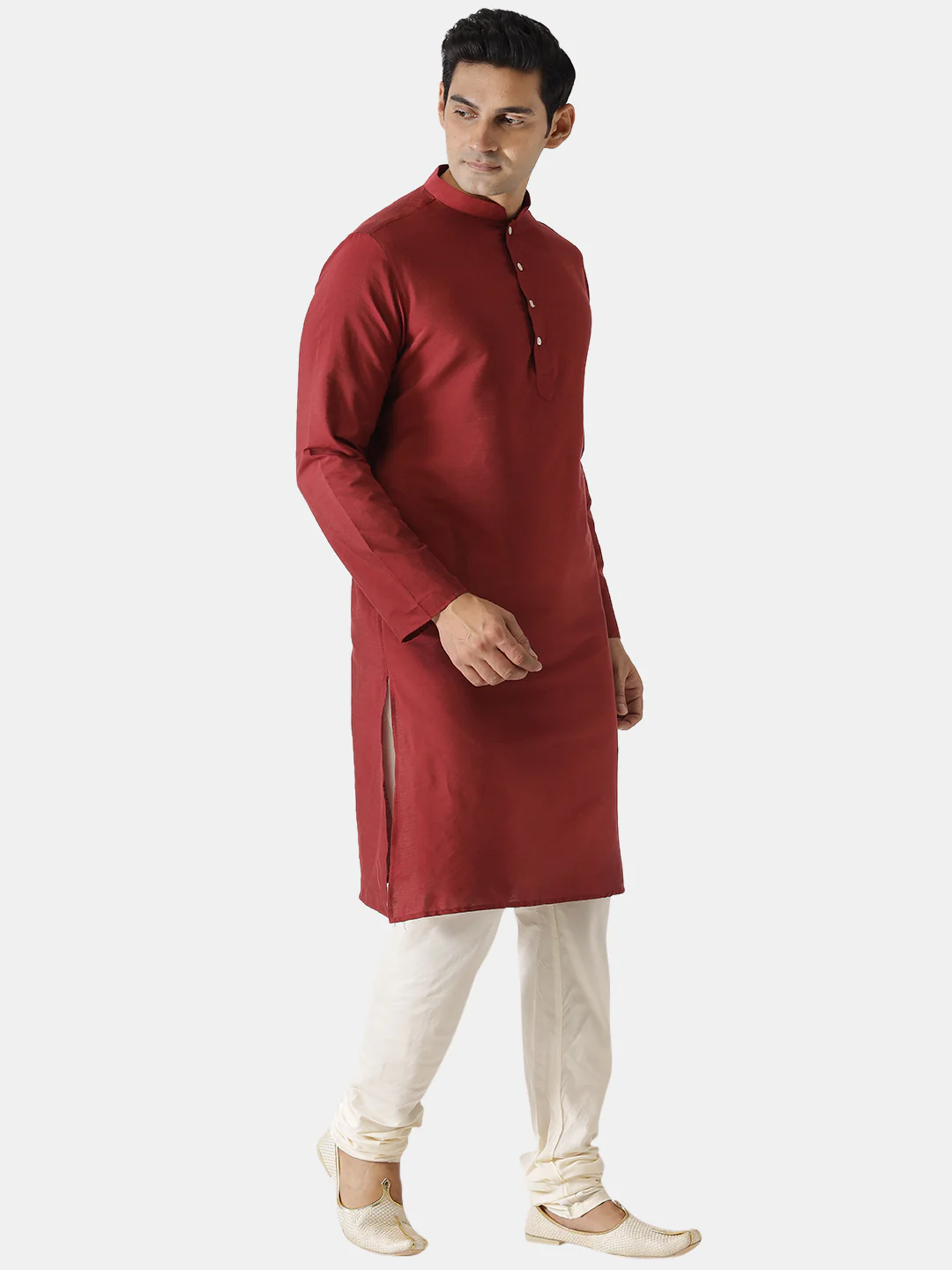 Men Maroon Silk Blend Solid Kurta Churidar Set – Elegant Festive Wear - Image 2