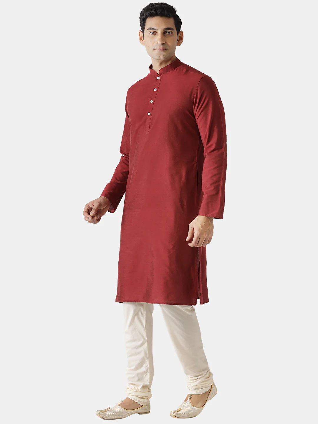 Men Maroon Silk Blend Solid Kurta Churidar Set – Elegant Festive Wear - Image 3