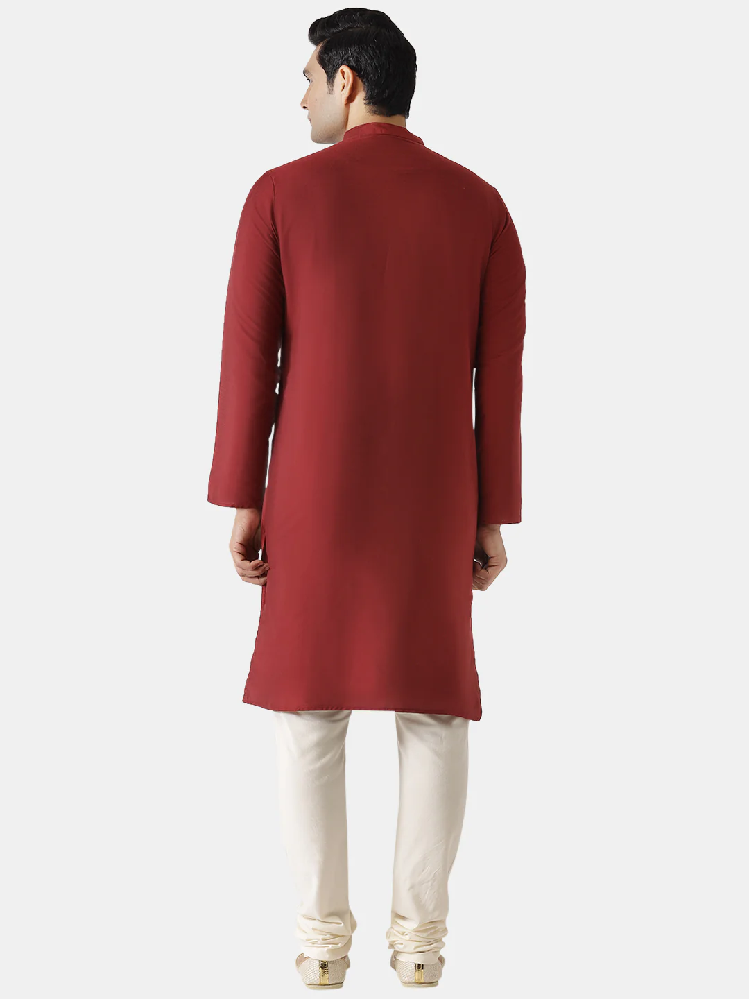 Men Maroon Silk Blend Solid Kurta Churidar Set – Elegant Festive Wear - Image 4