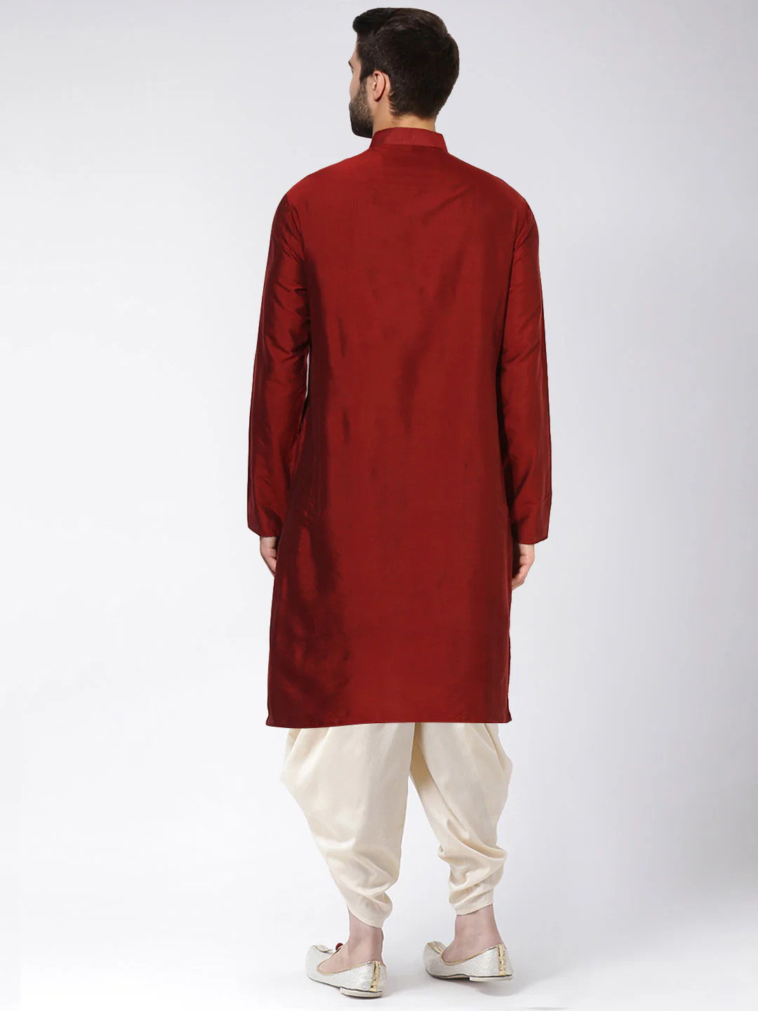 Maroon Silk Blend Solid Kurta Cream Dhoti - Image 3