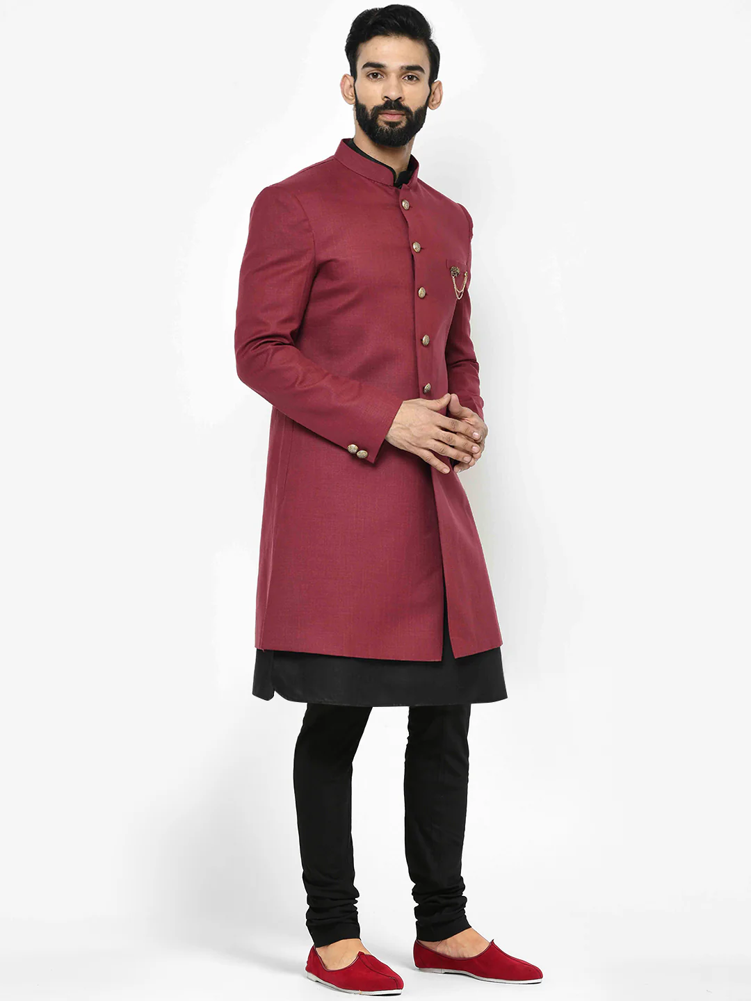 Men Maroon Solid Kurta Indowestern Churidar Set - Image 2