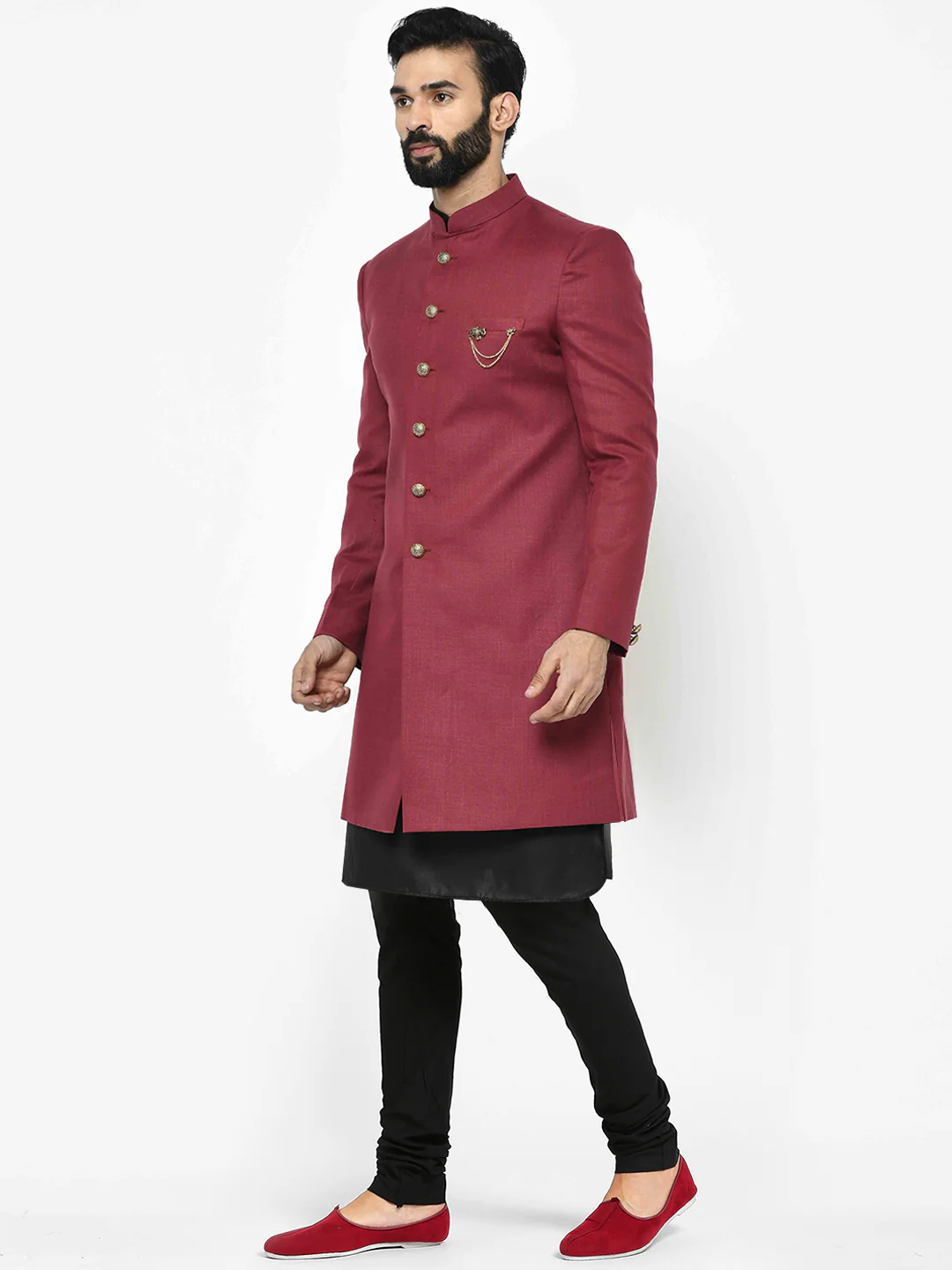 Men Maroon Solid Kurta Indowestern Churidar Set - Image 3