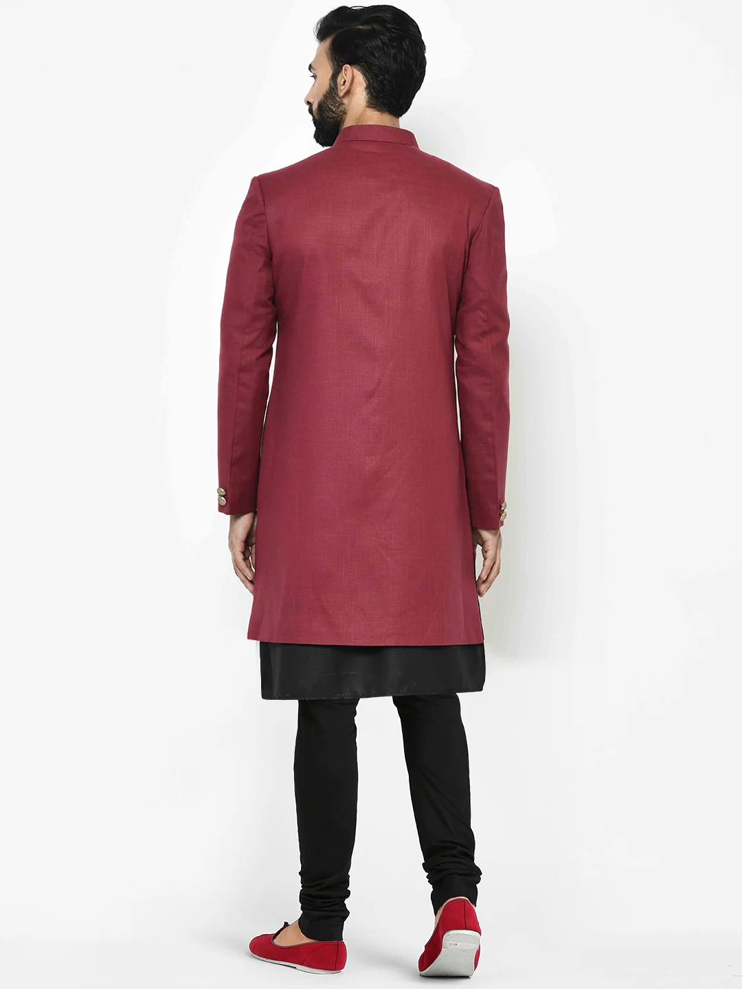 Men Maroon Solid Kurta Indowestern Churidar Set - Image 4