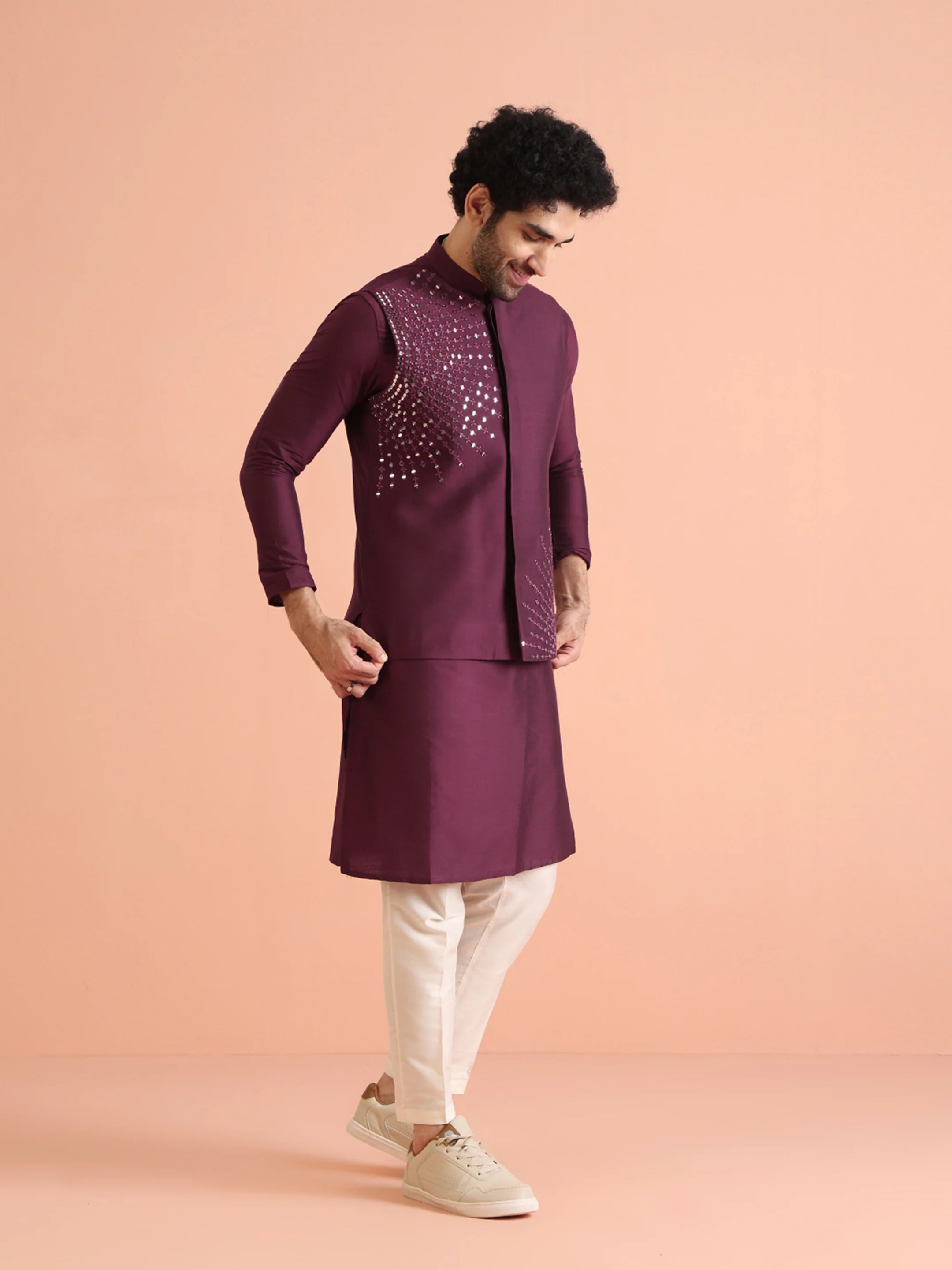 Maroon Mirror Work Jacket Kurta Trouser Set