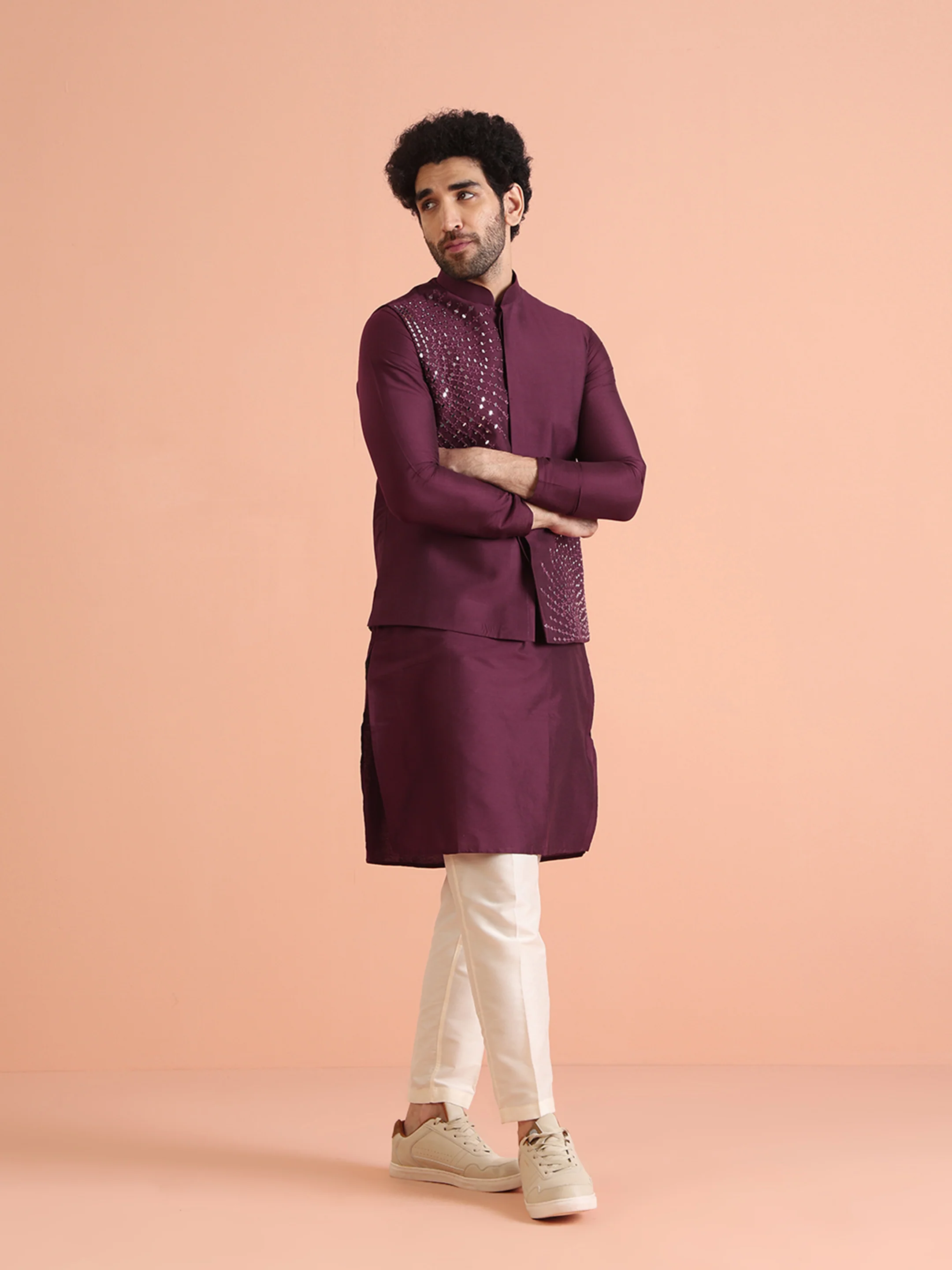 Maroon Mirror Work Jacket Kurta Trouser Set - Image 3