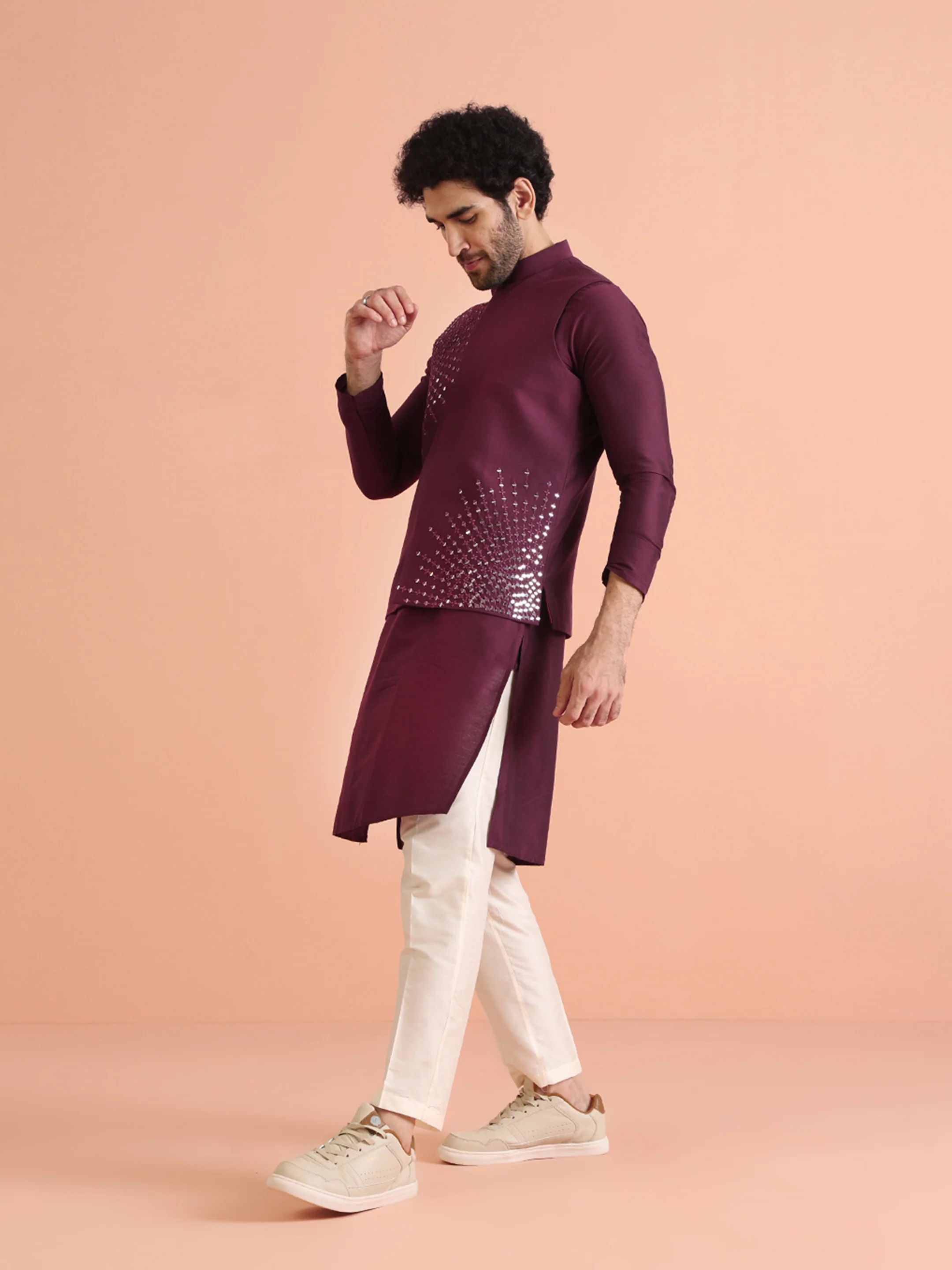 Maroon Mirror Work Jacket Kurta Trouser Set - Image 7