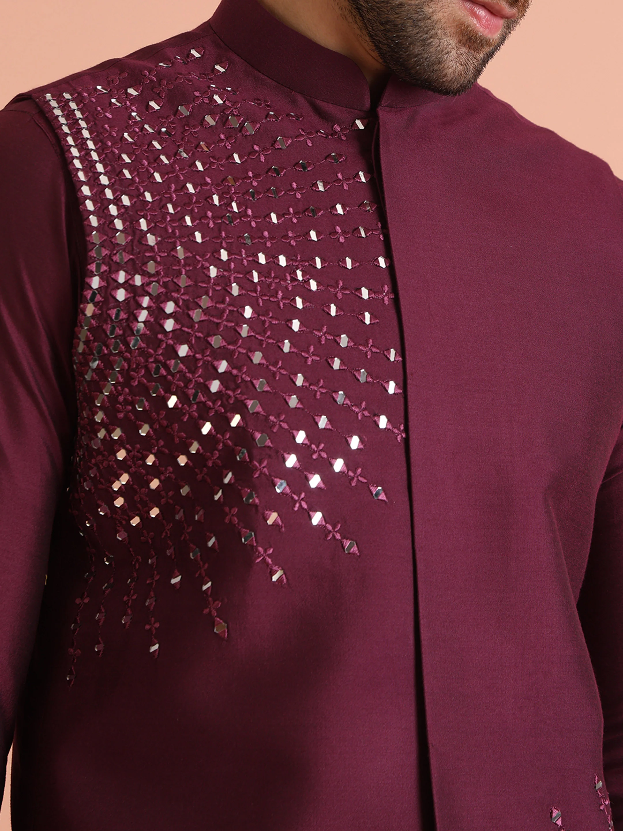 Maroon Cotton Mirror Work Nehru Jacket Set - Image 6