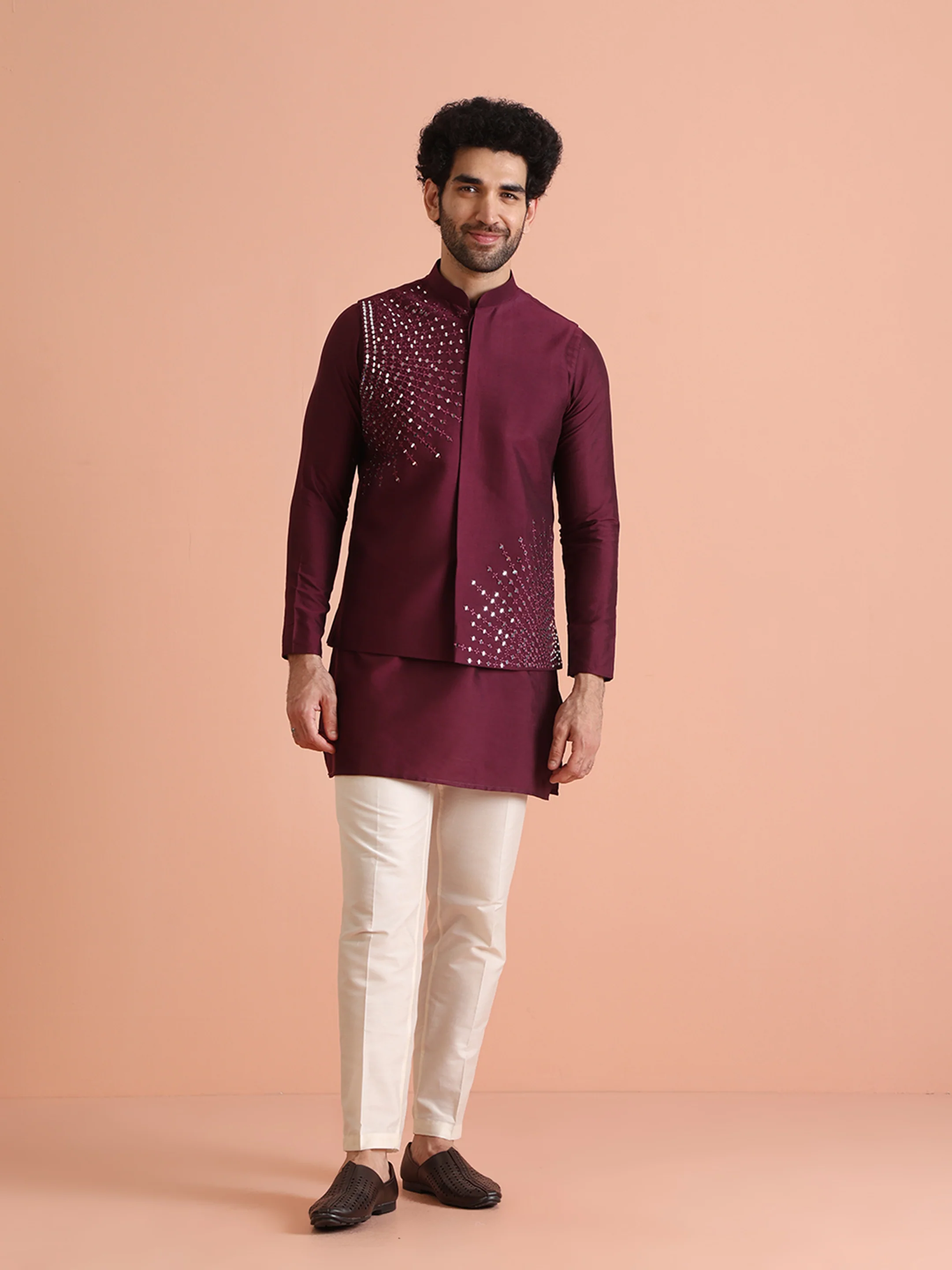 Maroon Cotton Mirror Work Nehru Jacket Set - Image 8