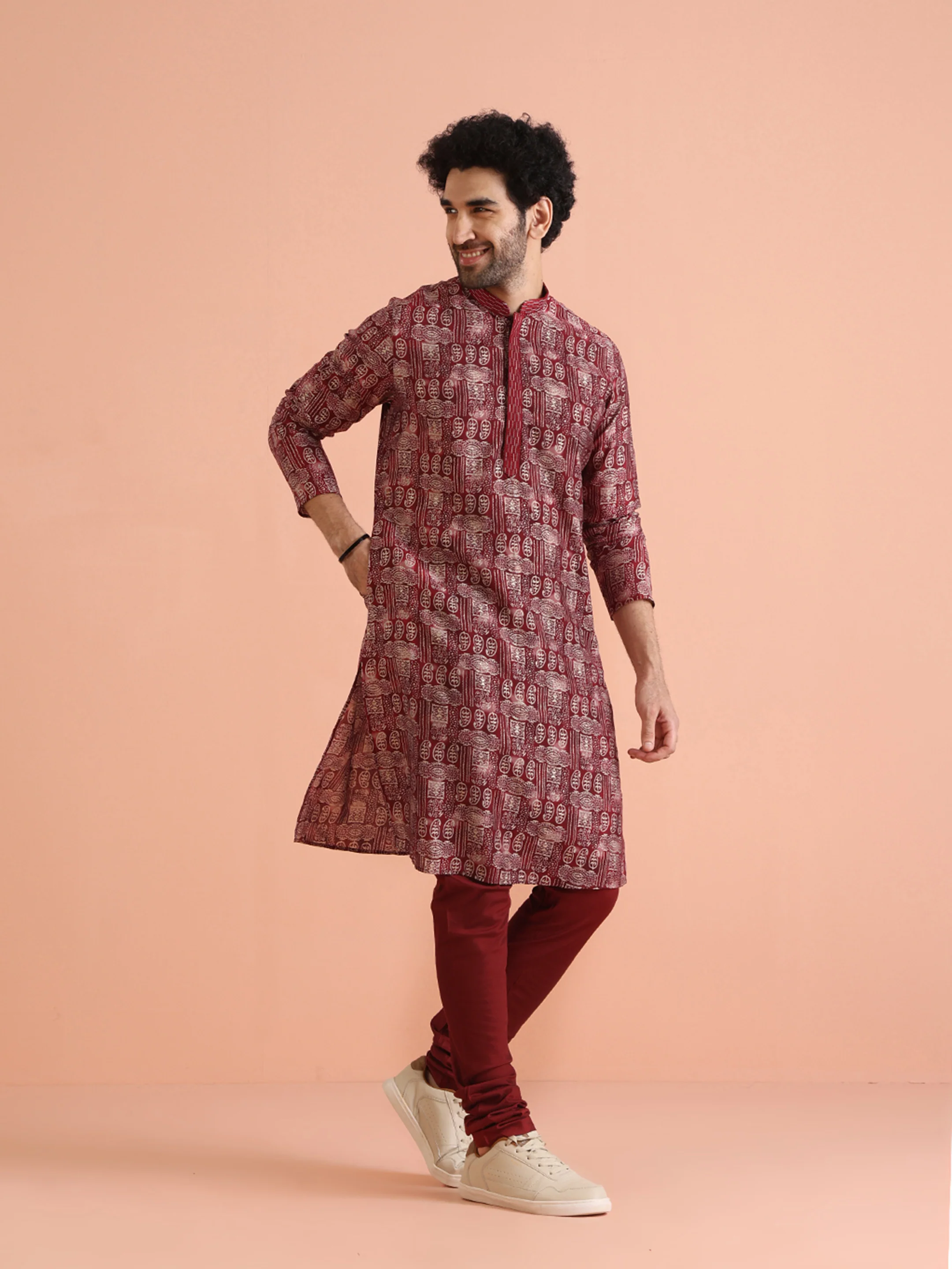 Maroon Printed Kurta Churidar Set - Image 3