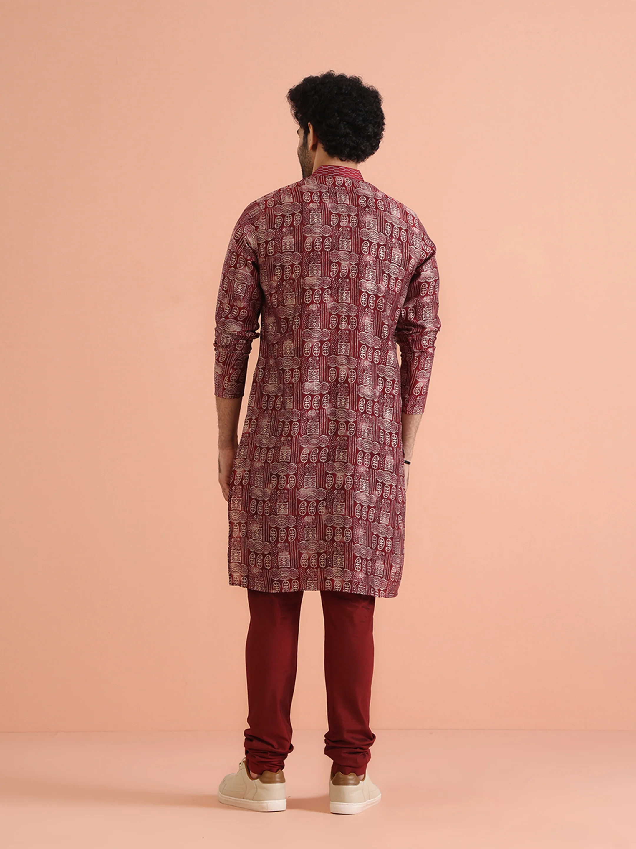 Maroon Cotton Silk Printed Long Kurta - Image 5
