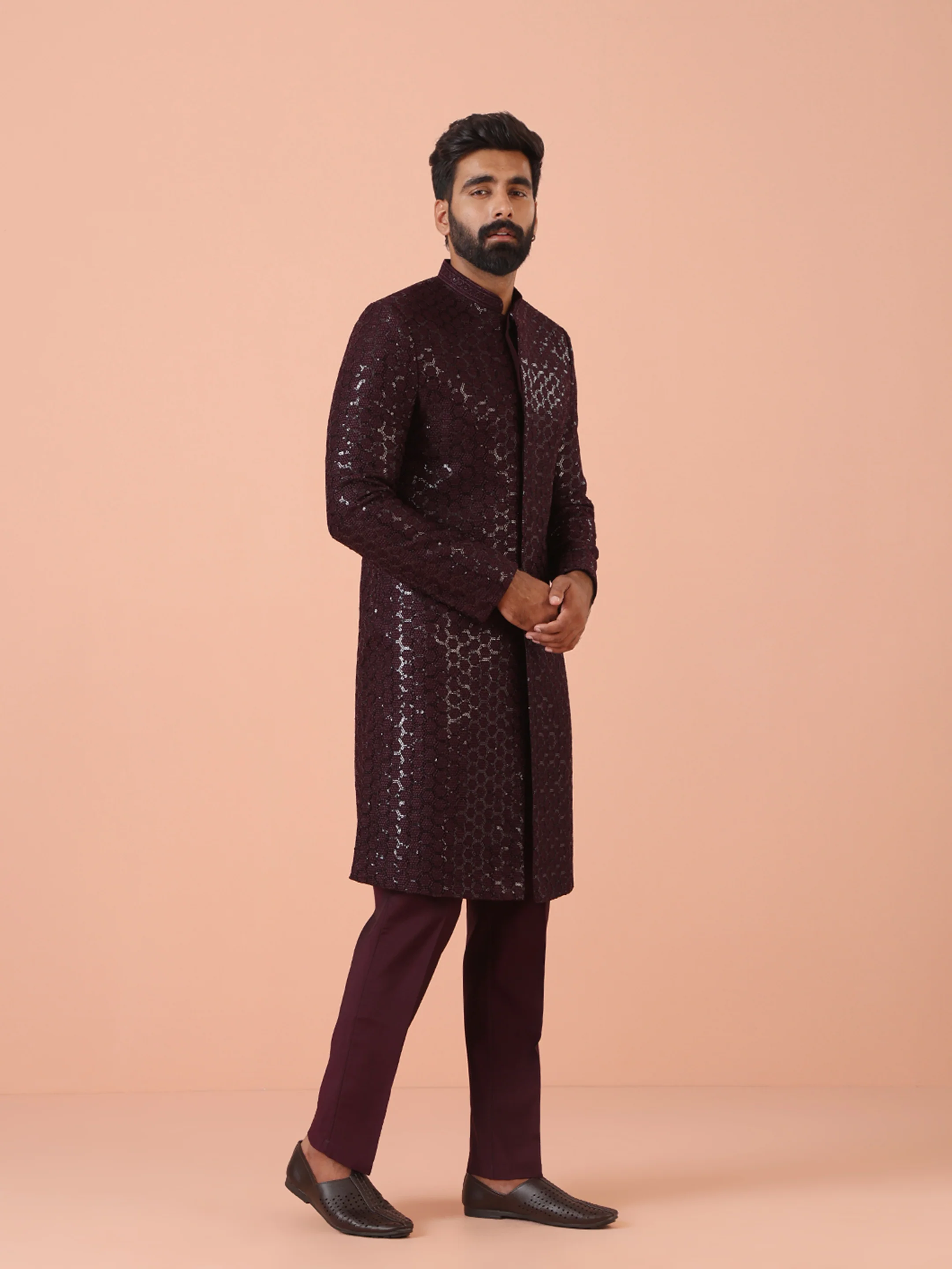 Men Maroon Sequinned Indo Western Trouser Set - Image 3
