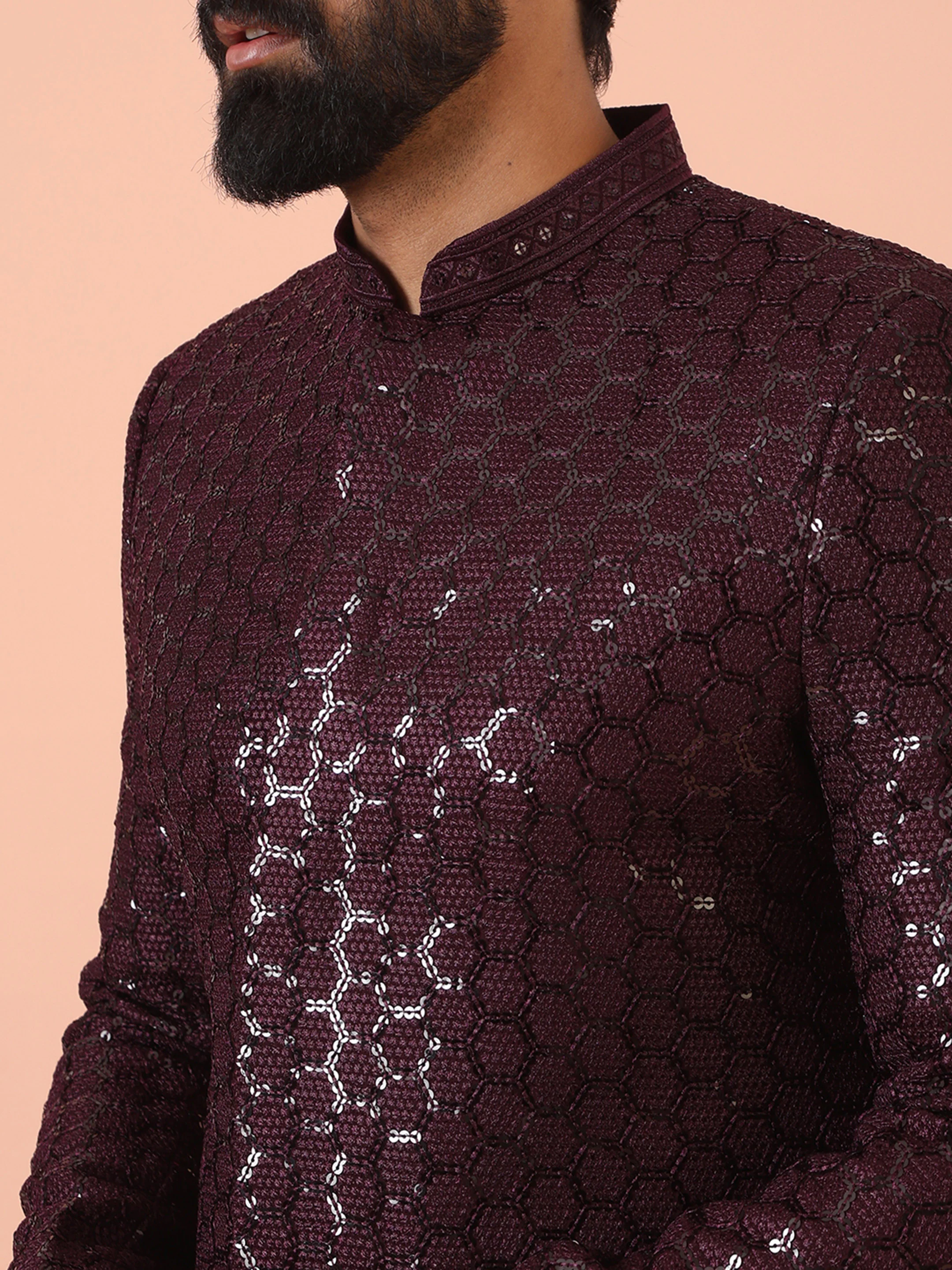 Men Maroon Sequinned Indo Western Trouser Set - Image 5