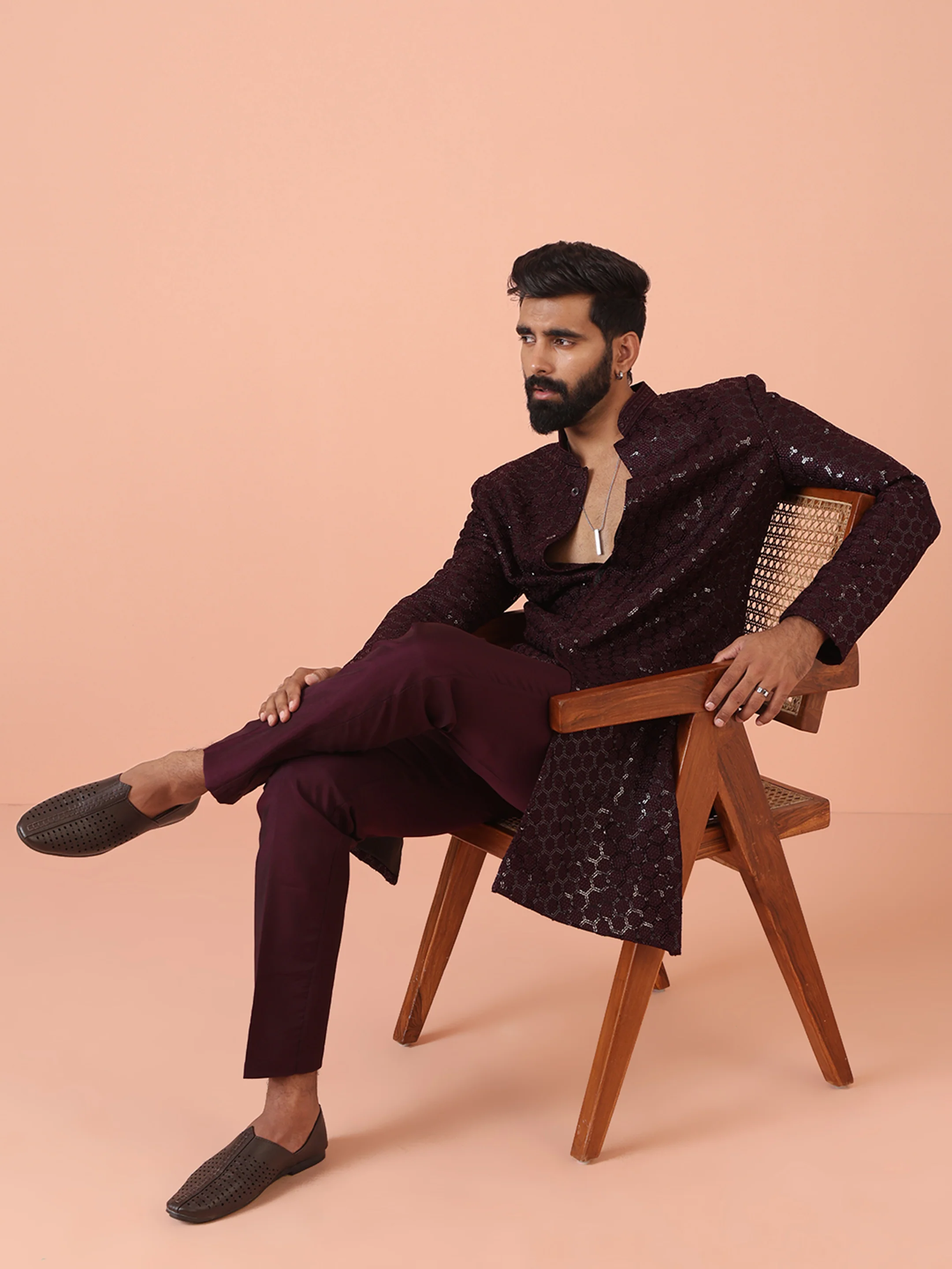 Men Maroon Sequinned Indo Western Trouser Set - Image 7
