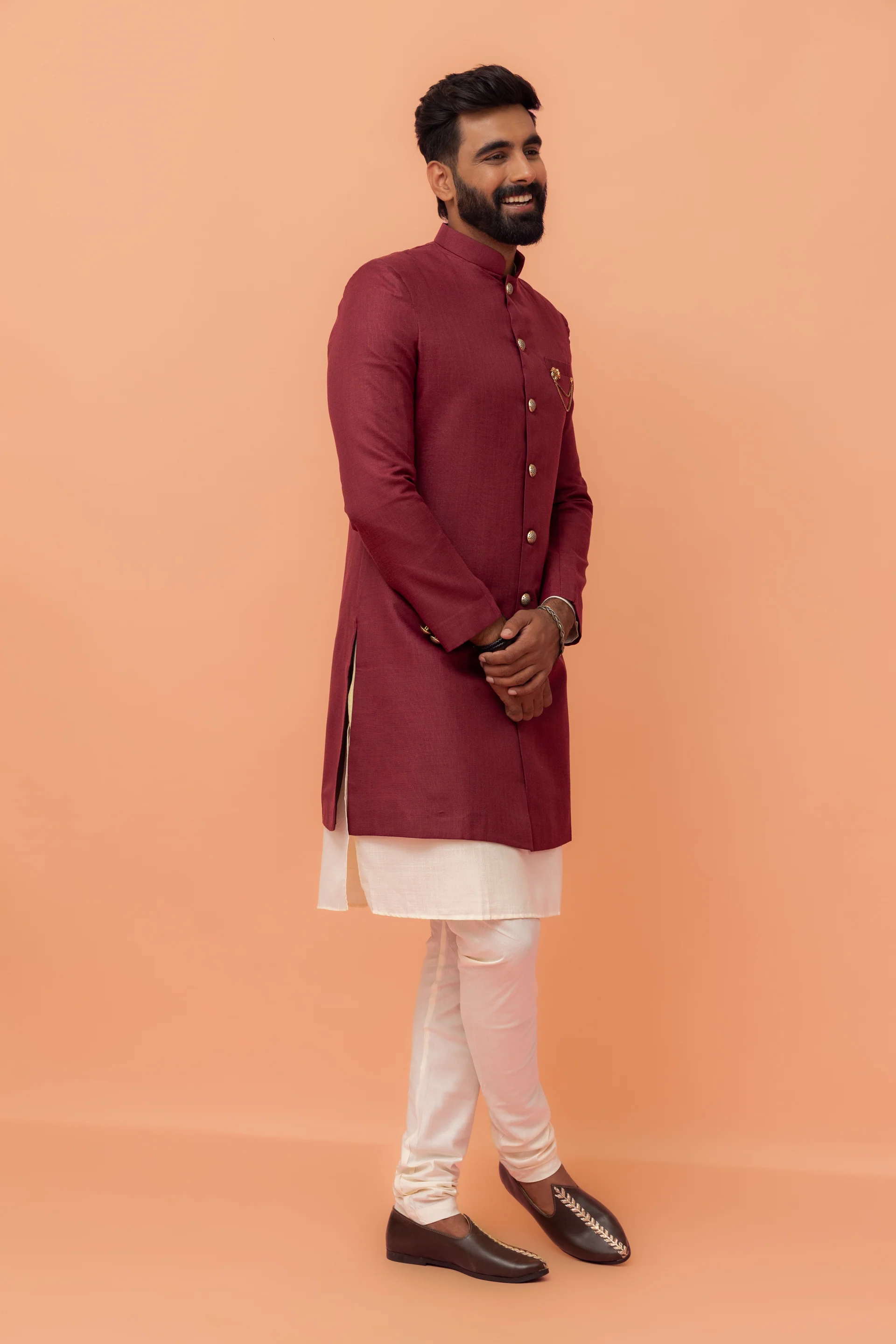 Maroon Silk Blend Solid Sherwani Achkan Churidar - Image 3