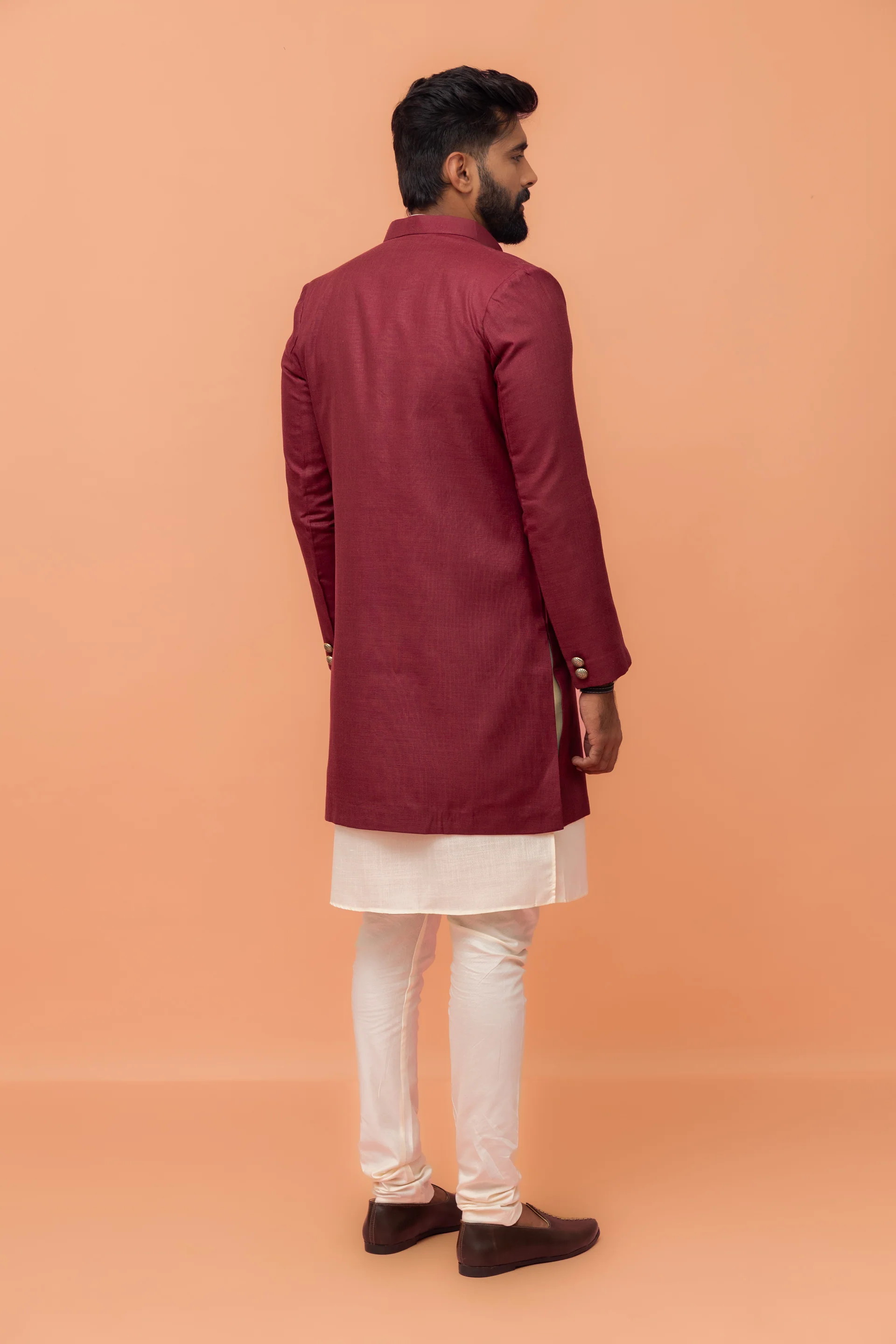 Maroon Silk Blend Solid Sherwani Achkan Churidar - Image 4