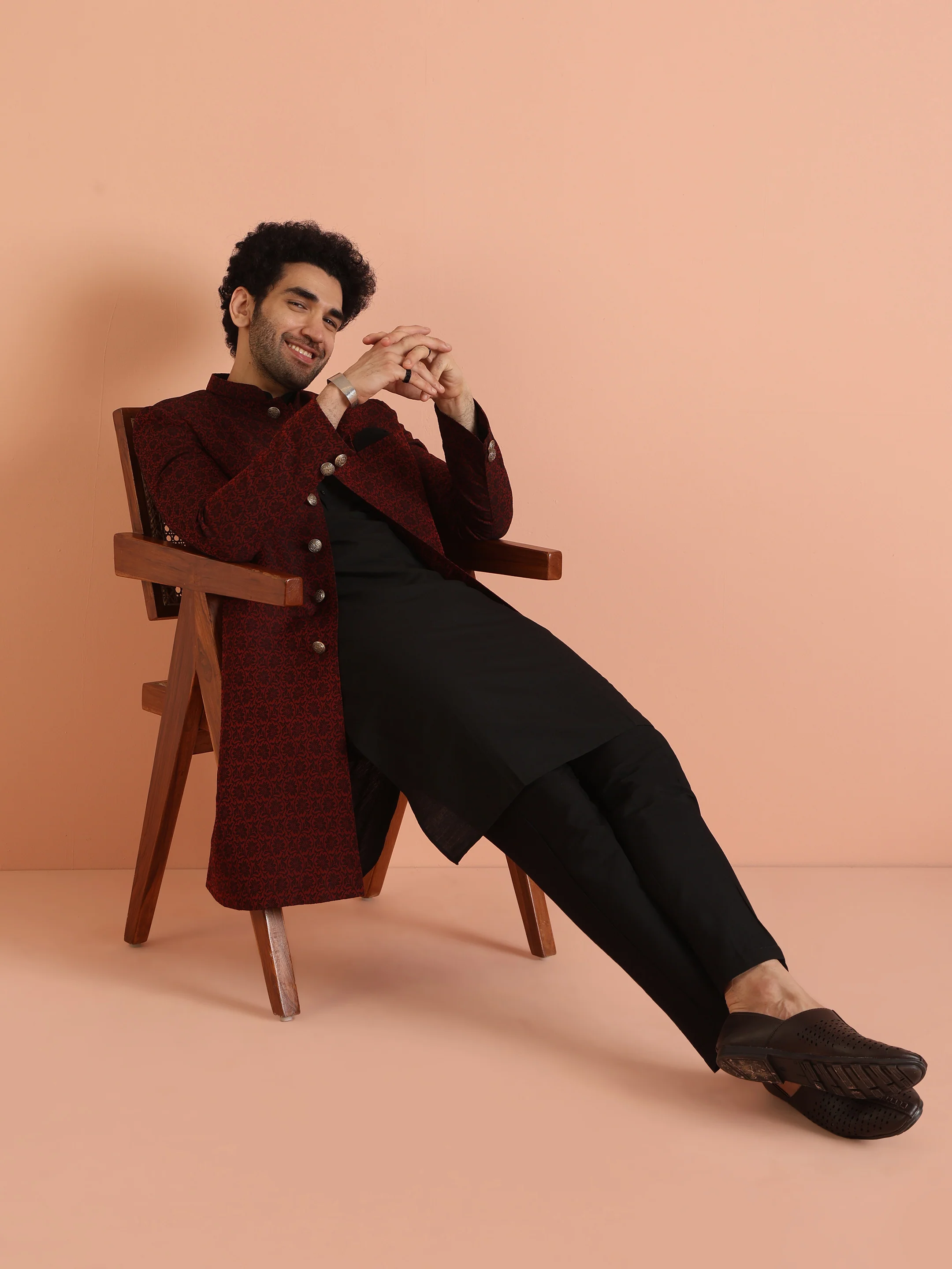 Maroon Cotton Silk Jacquard Sherwani Kurta Trouser Set