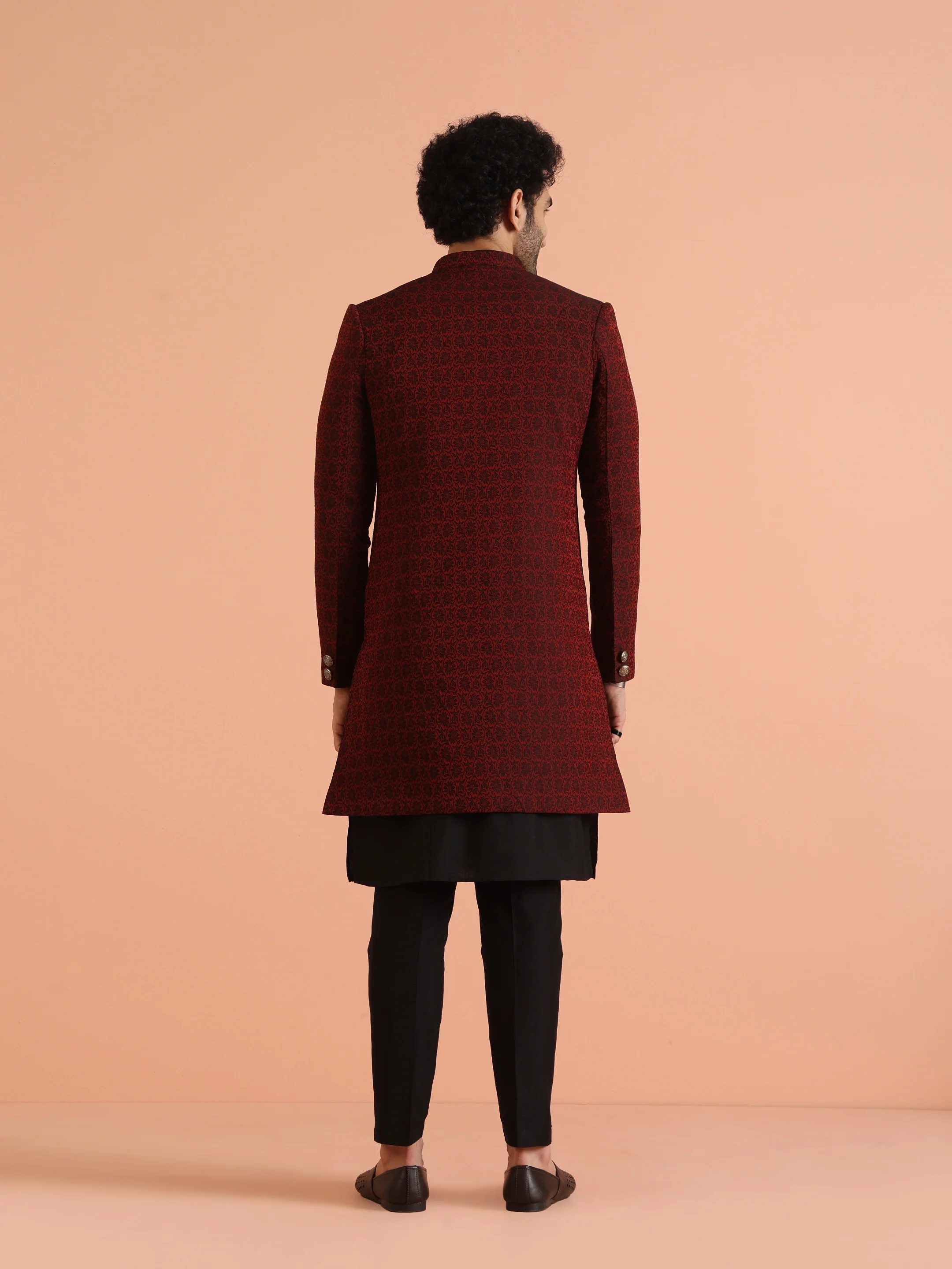 Maroon Cotton Silk Jacquard Sherwani Kurta Trouser Set - Image 5