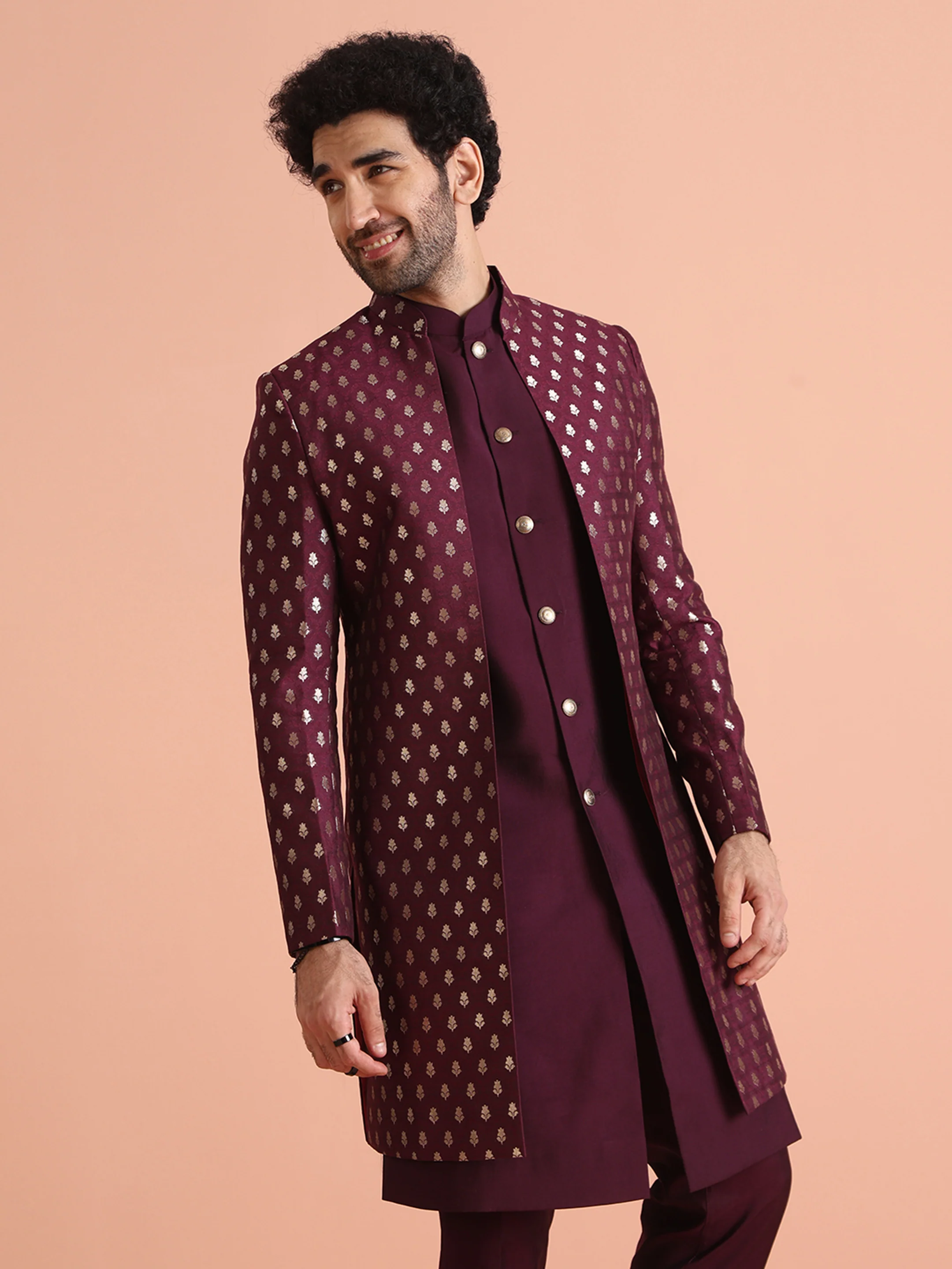 Men Maroon Woven Design Long Jacket Indo Western Trouser Set - Image 8
