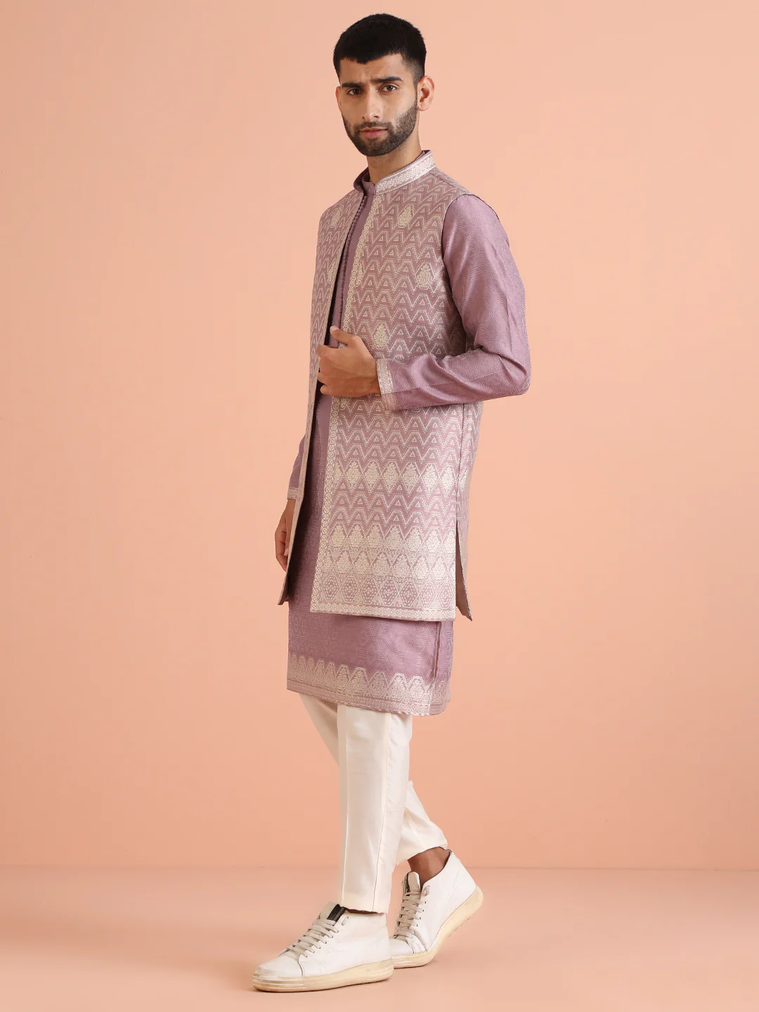 Pink Silk Blend Woven Nehru Jacket Kurta Trouser - Image 3