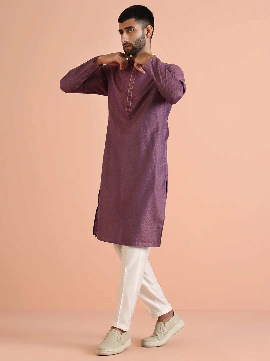 Purple Art Silk Textured Kurta - Image 3