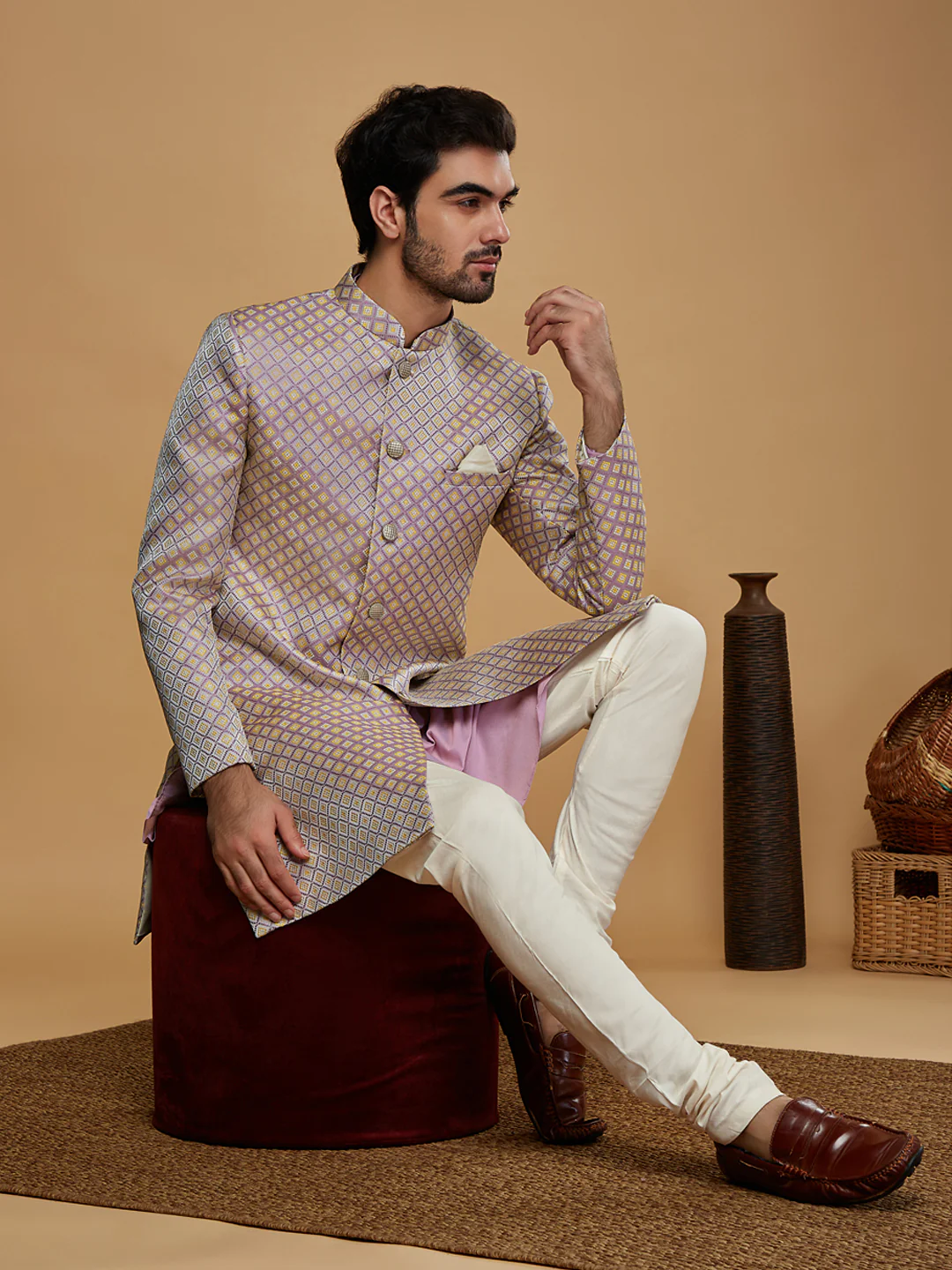 Men Lilac Textured Kurta Indowestern Churidar Set