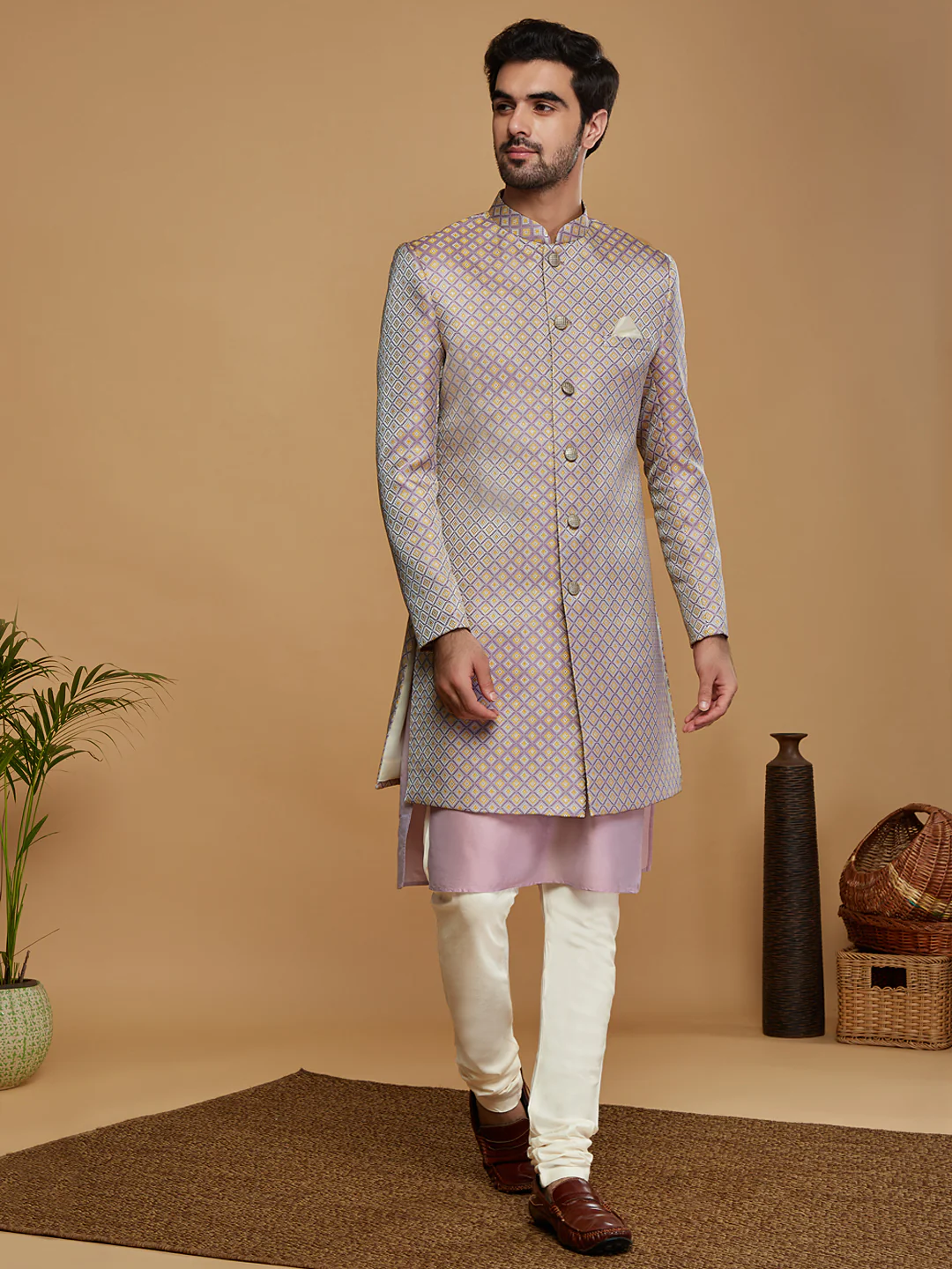 Men Lilac Textured Kurta Indowestern Churidar Set - Image 2