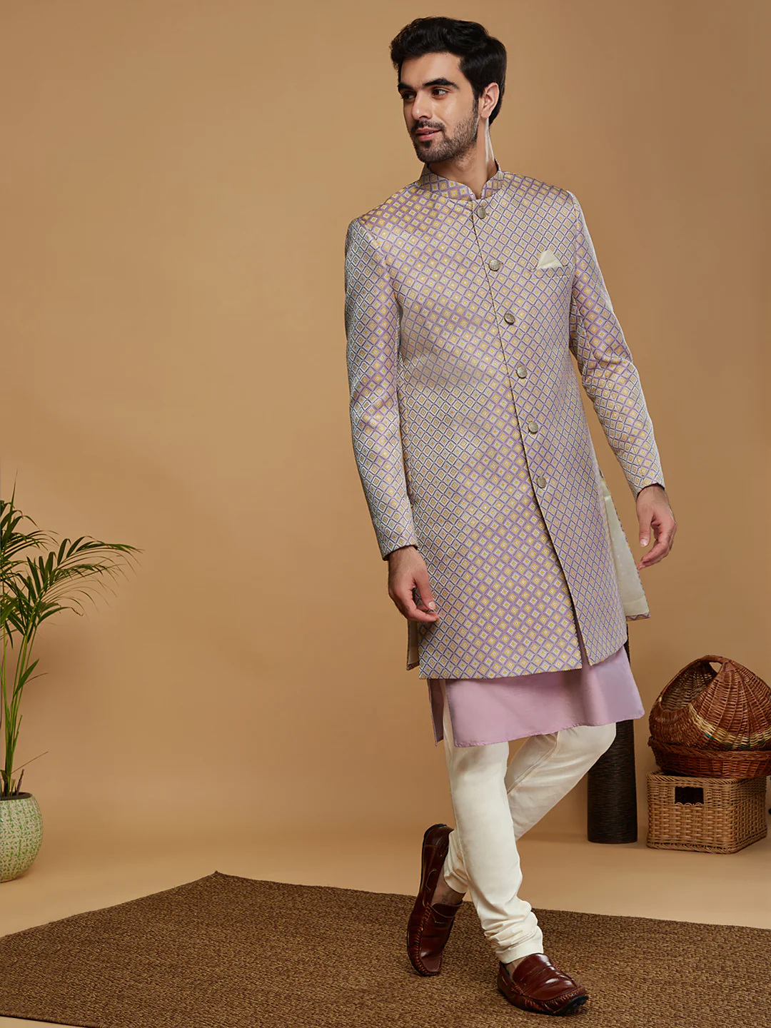 Men Lilac Textured Kurta Indowestern Churidar Set - Image 4