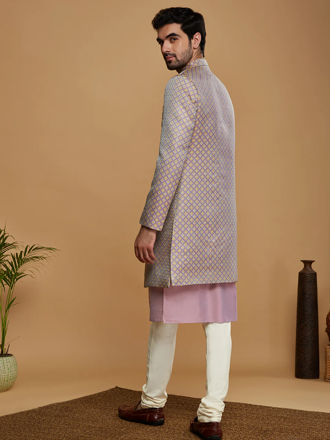 Men Lilac Textured Kurta Indowestern Churidar Set - Image 5