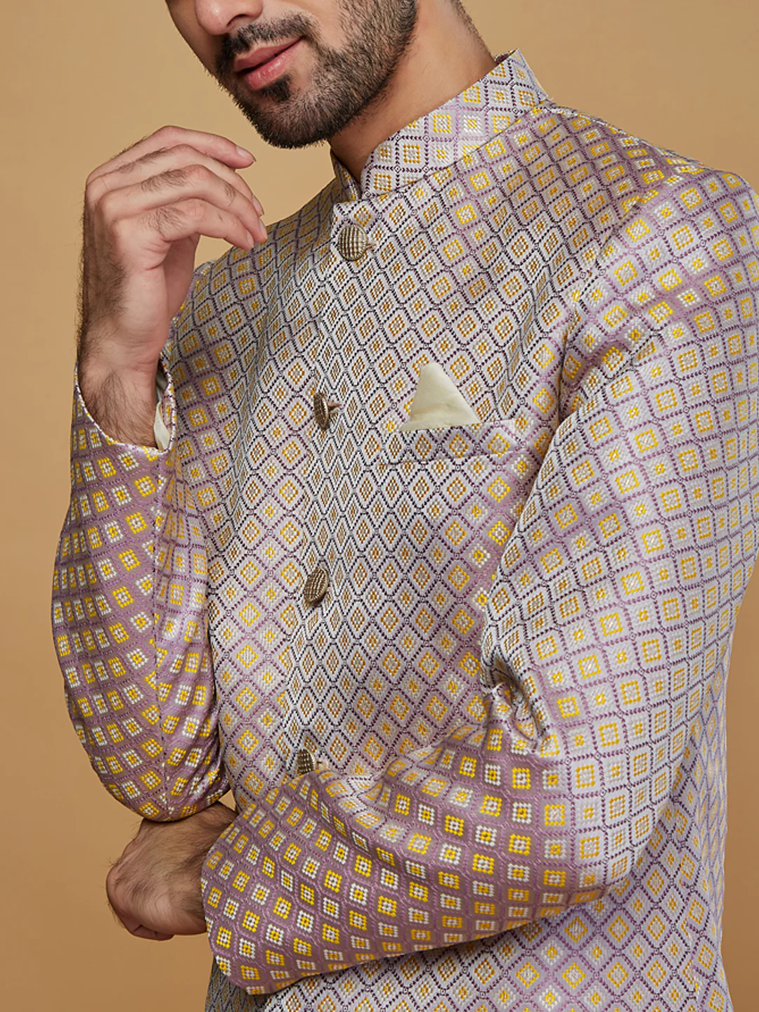 Men Lilac Textured Kurta Indowestern Churidar Set - Image 6