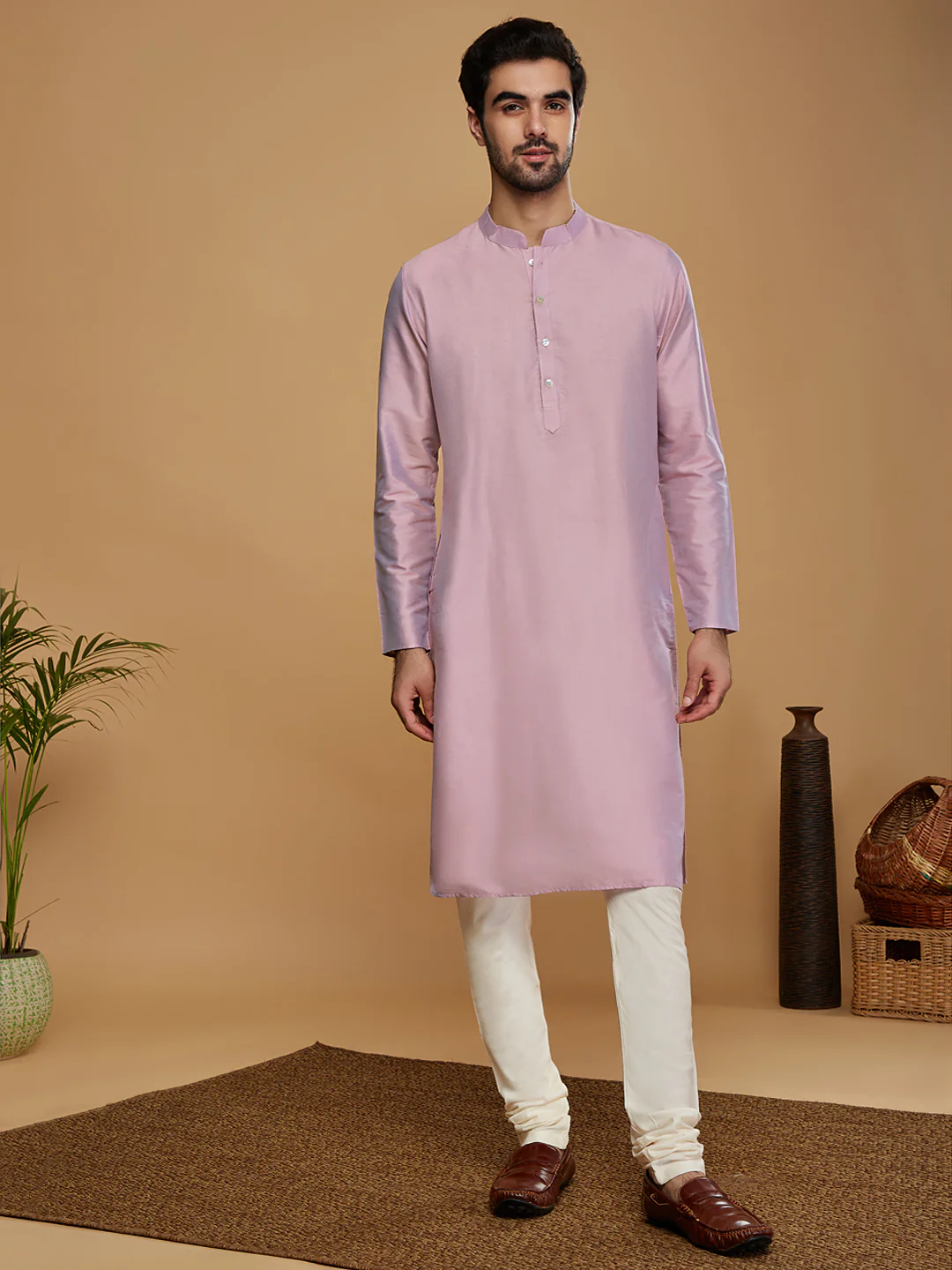Men Lilac Textured Kurta Indowestern Churidar Set - Image 7