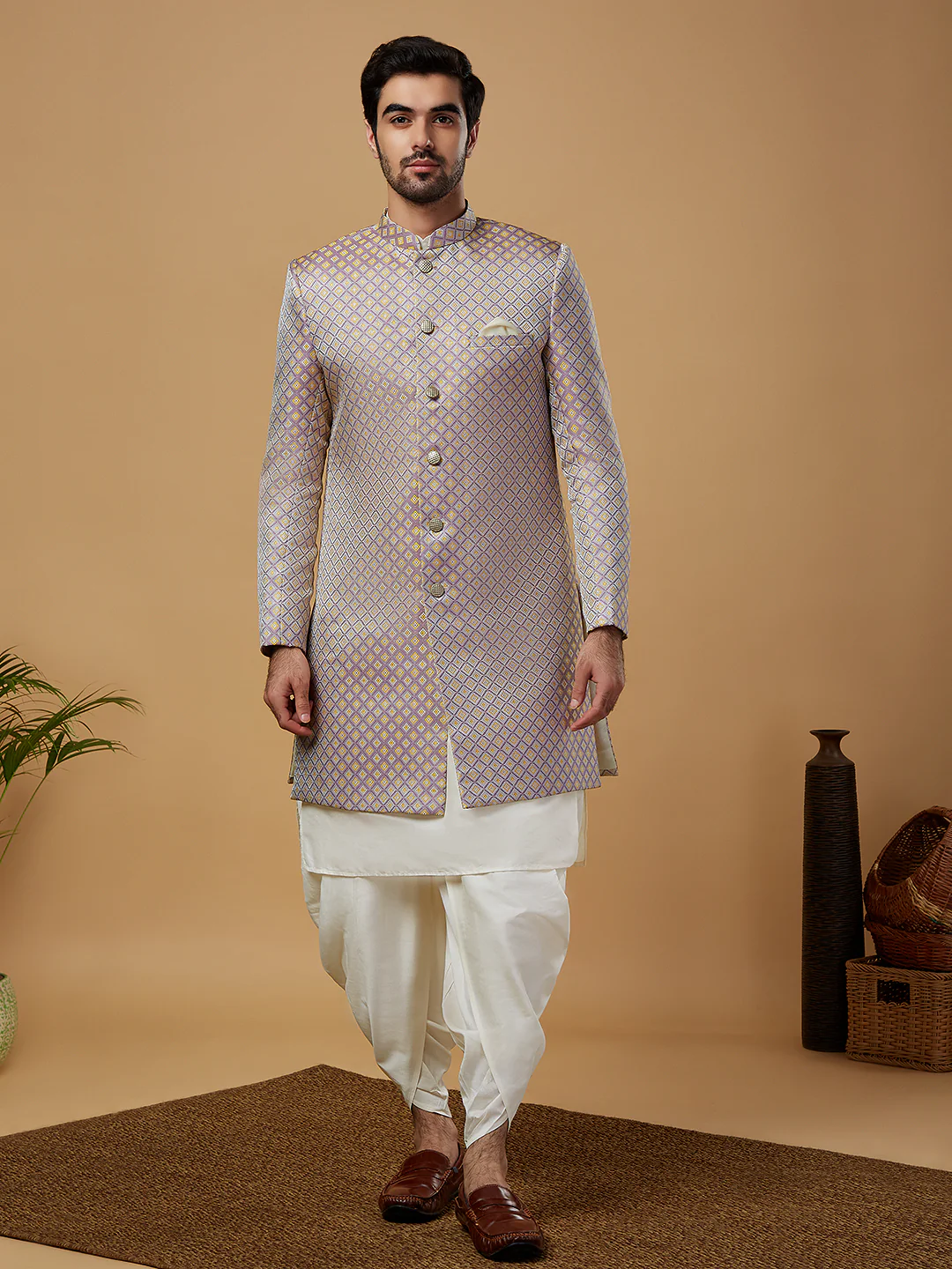 Men Mauve Kurta Sherwani Dhoti Set