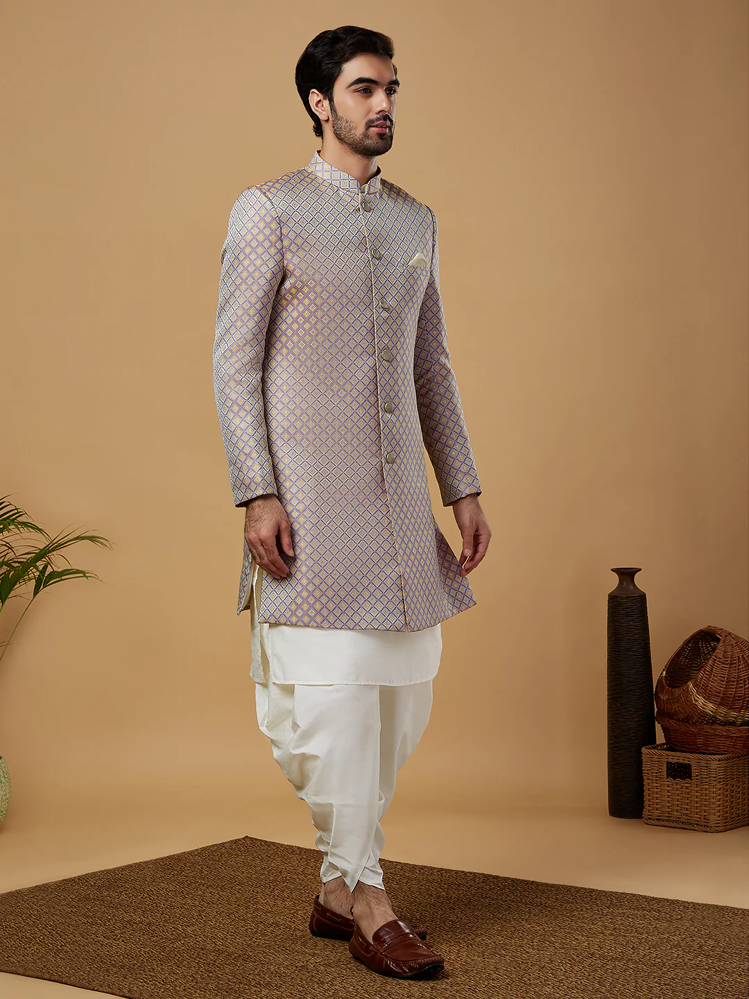 Men Mauve Kurta Sherwani Dhoti Set - Image 2