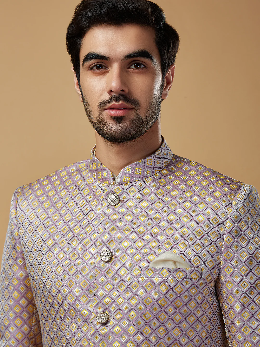 Men Mauve Kurta Sherwani Dhoti Set - Image 6