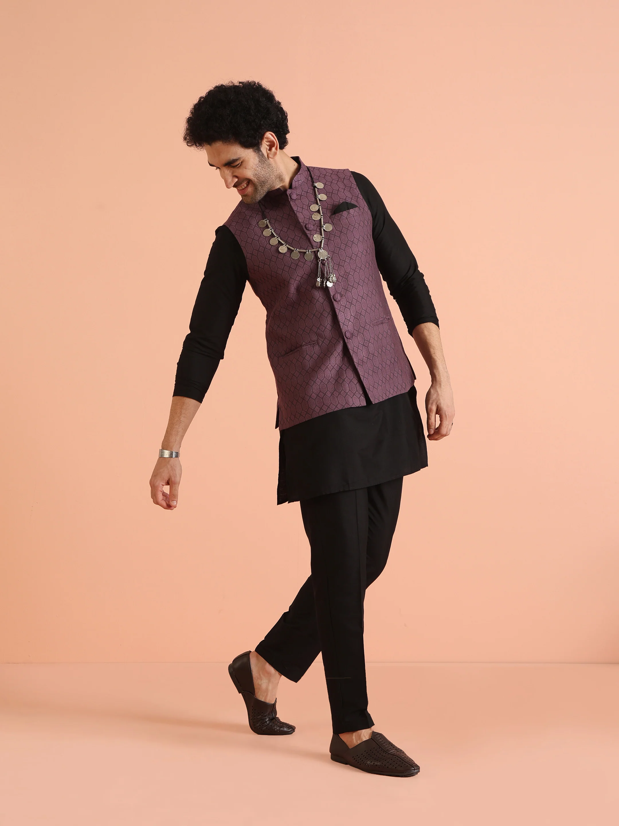 Mauve Woven Nehru Jacket Kurta Trouser Set