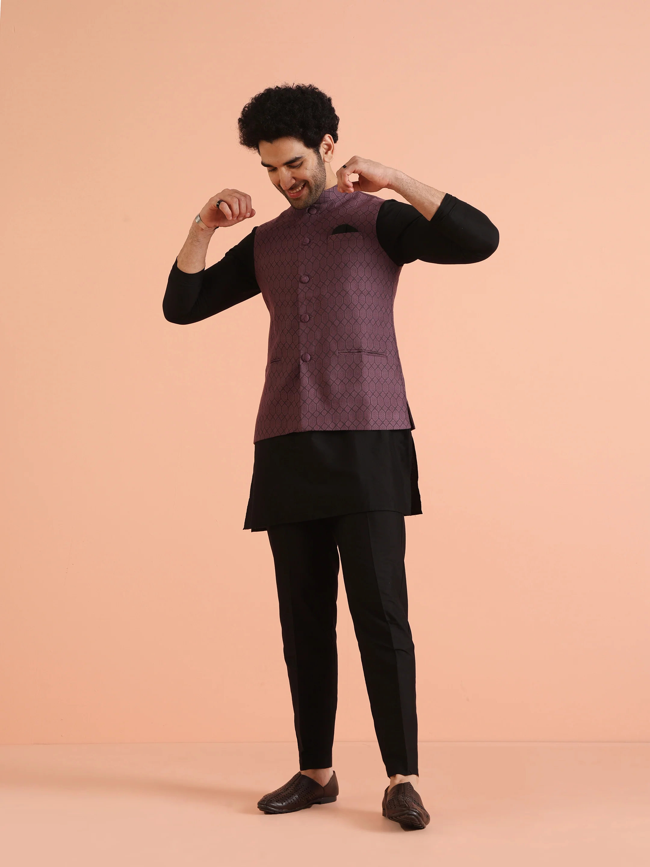 Mauve Woven Nehru Jacket Kurta Trouser Set - Image 2