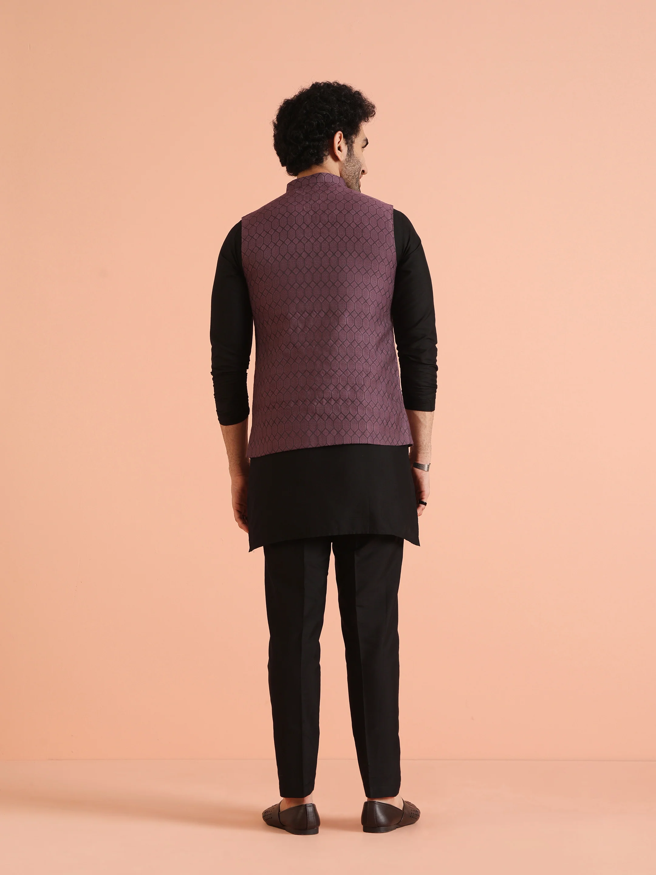 Mauve Woven Nehru Jacket Kurta Trouser Set - Image 5