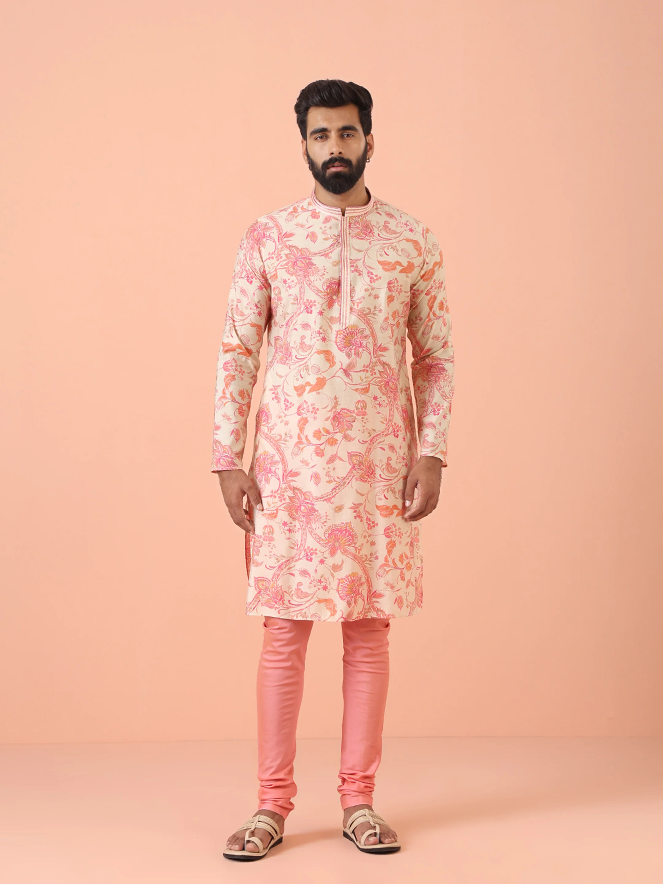 Cream Floral Printed Kurta Churidar Set - Image 2