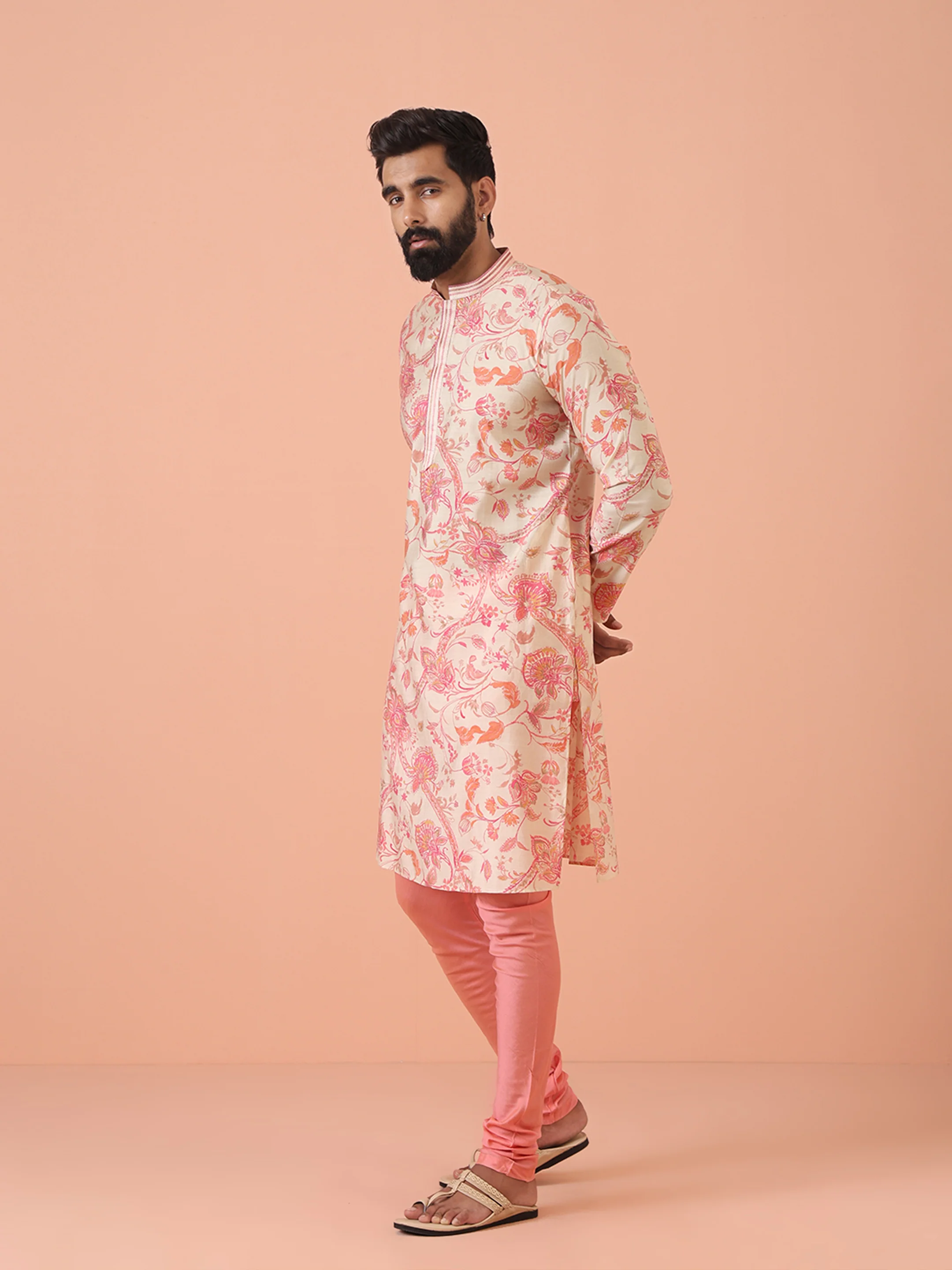Cream Floral Printed Kurta Churidar Set - Image 3