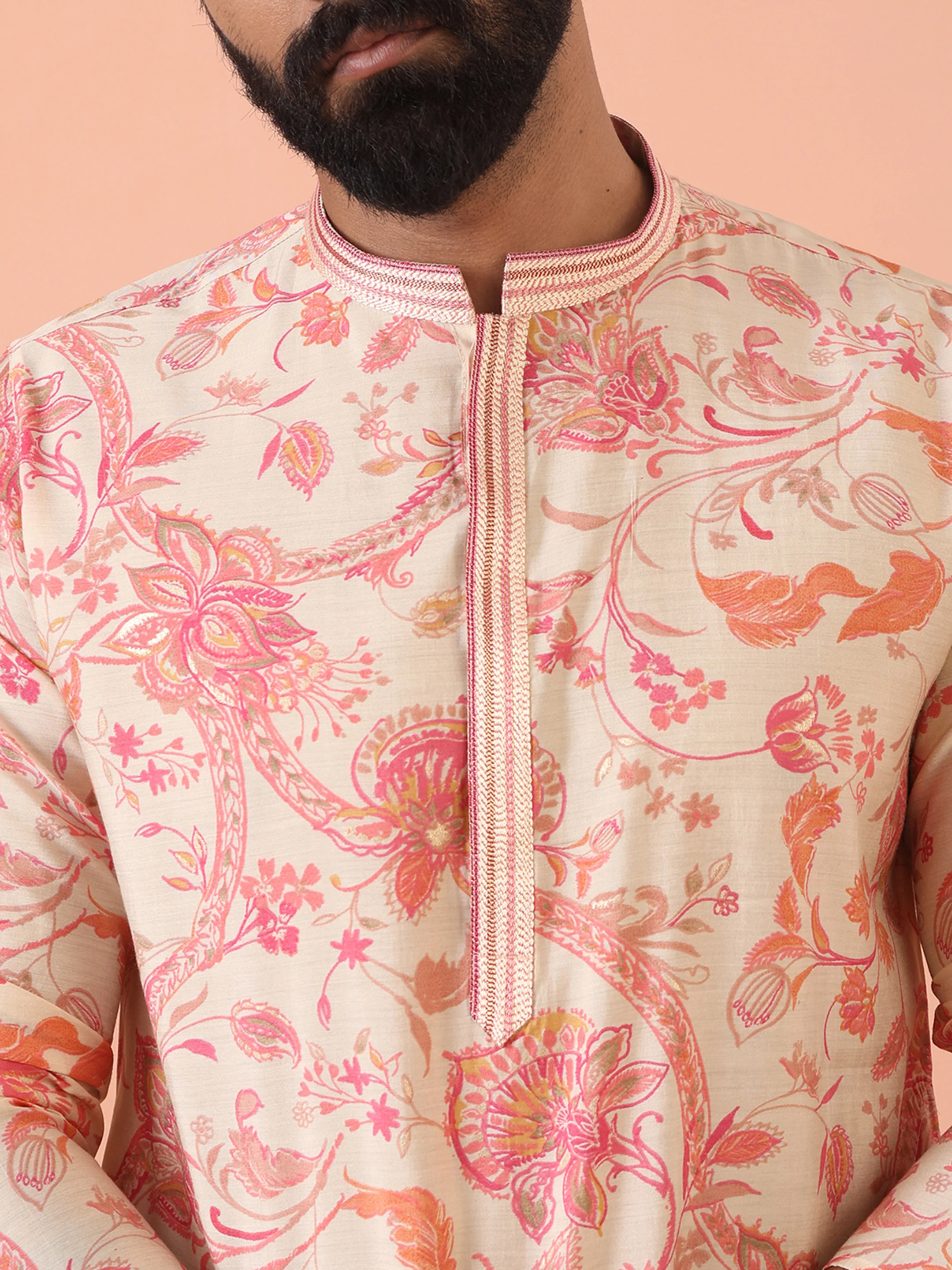 Cream Floral Printed Kurta Churidar Set - Image 6