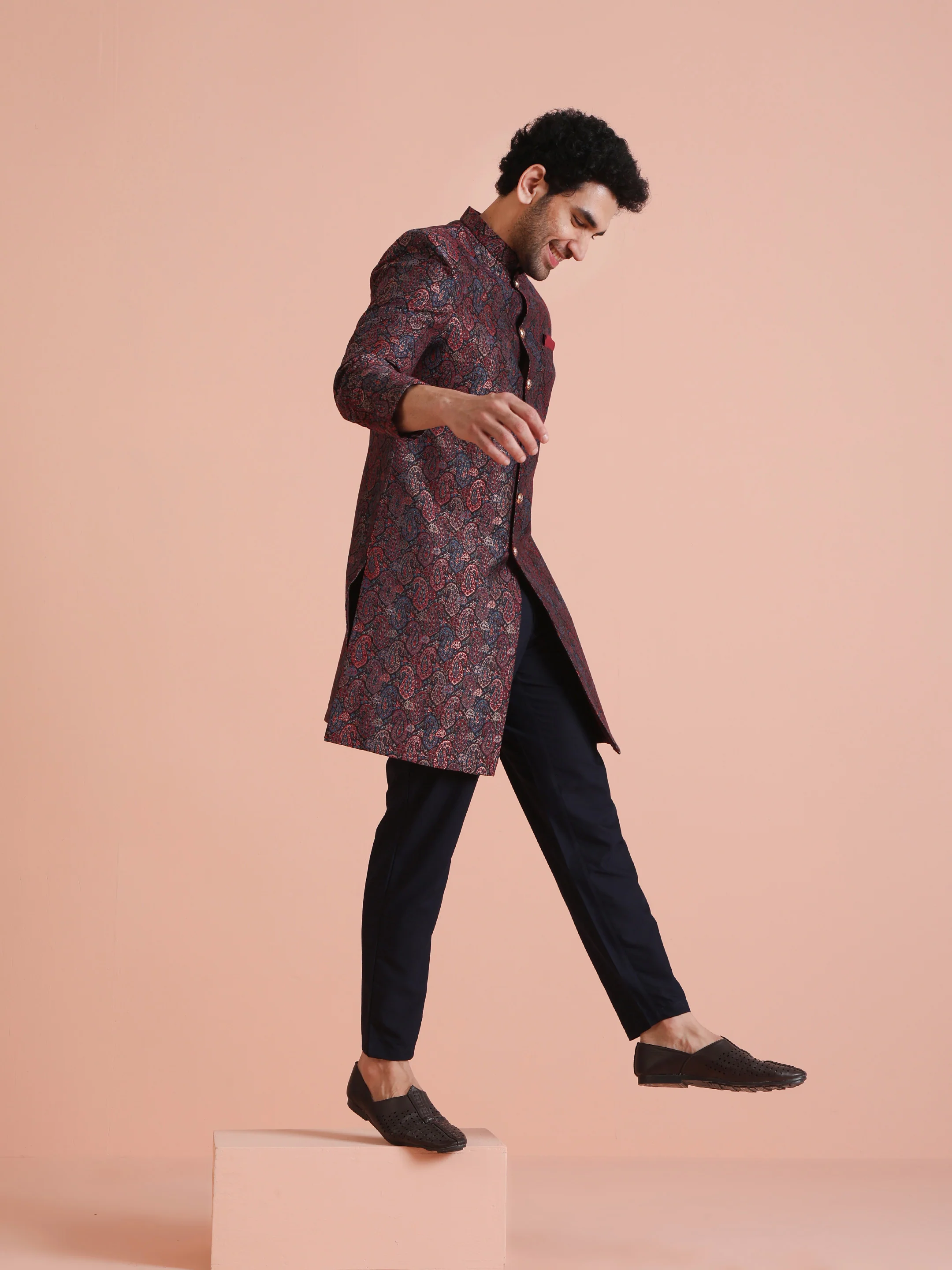 Maroon Silk Blend Paisley Indowestern Sherwani - Image 3