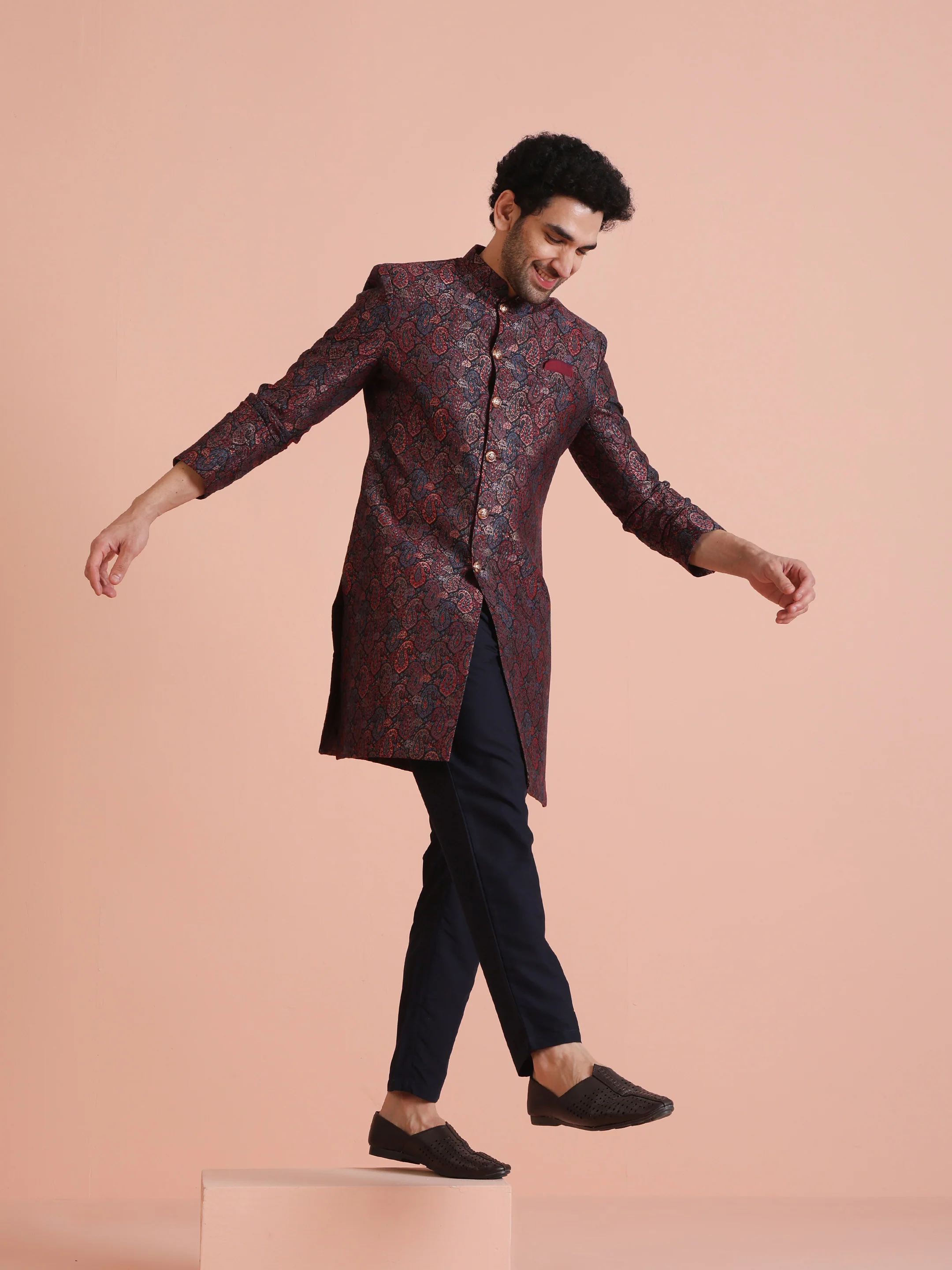 Maroon Silk Blend Paisley Indowestern Sherwani - Image 5